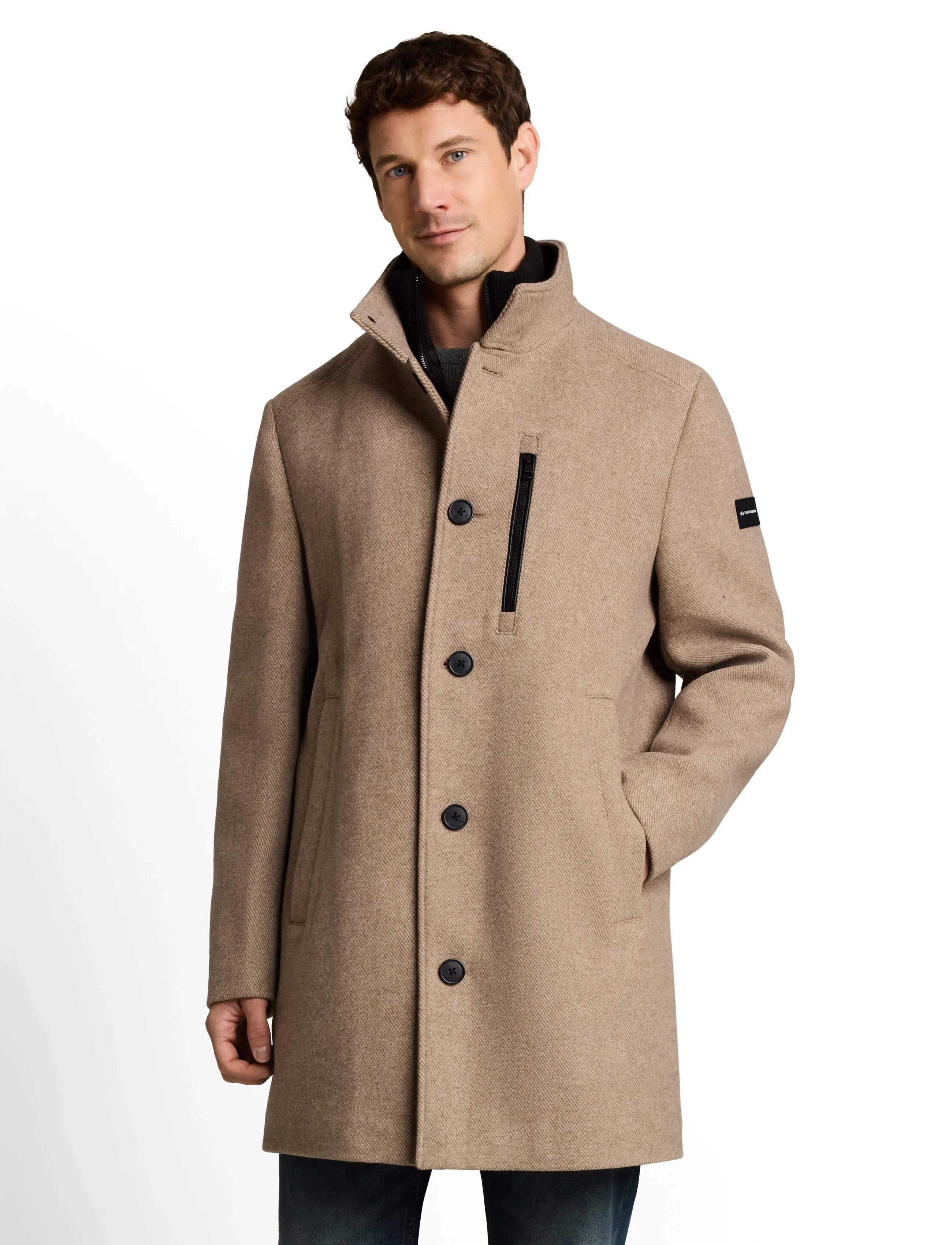 Tom Tailor - wool coat with stand-up insert - ullrockar - mid beige melange twill - 5