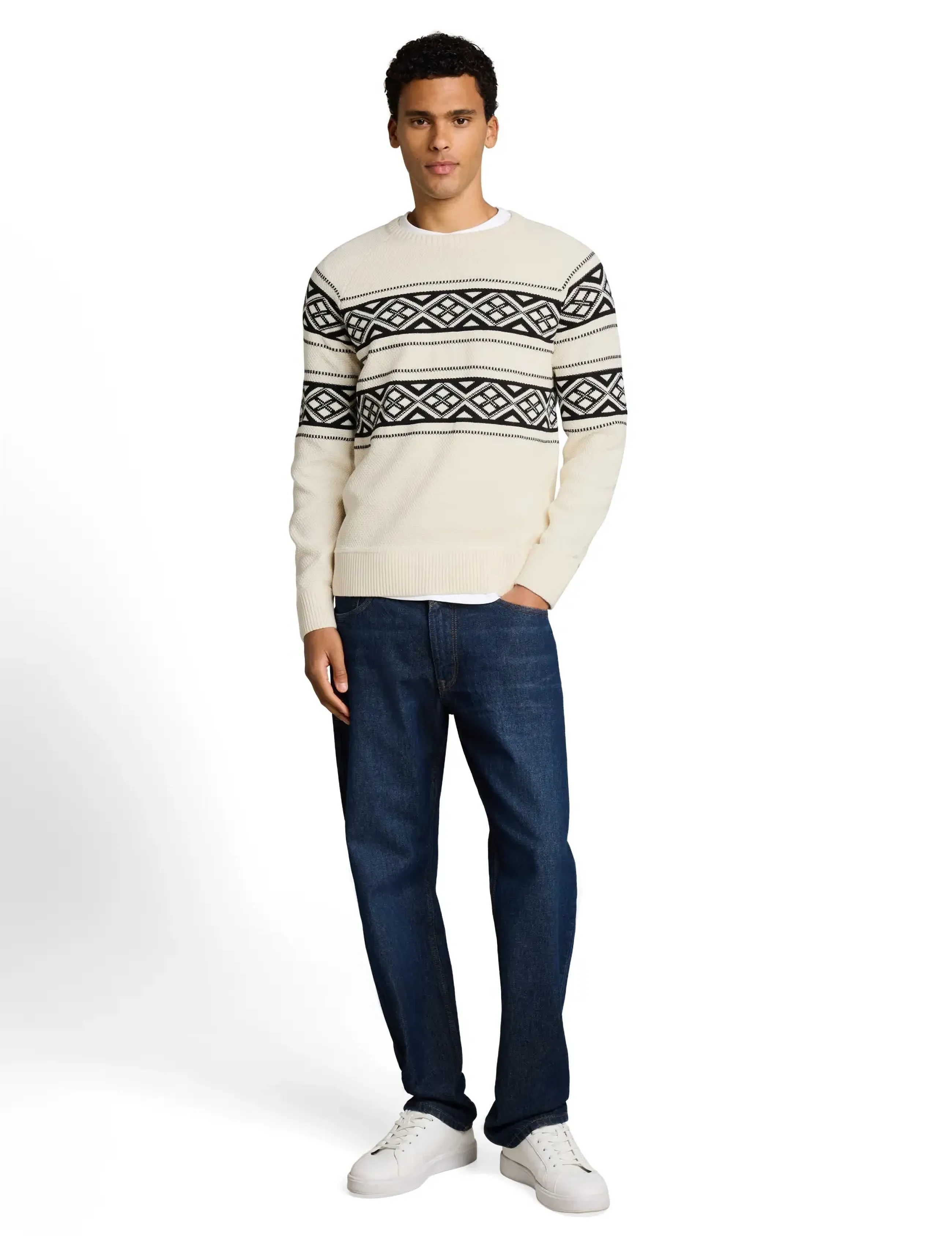 Tom Tailor - two tone fair isle crew neck knit - rundhalsad - white black fair isle - 0
