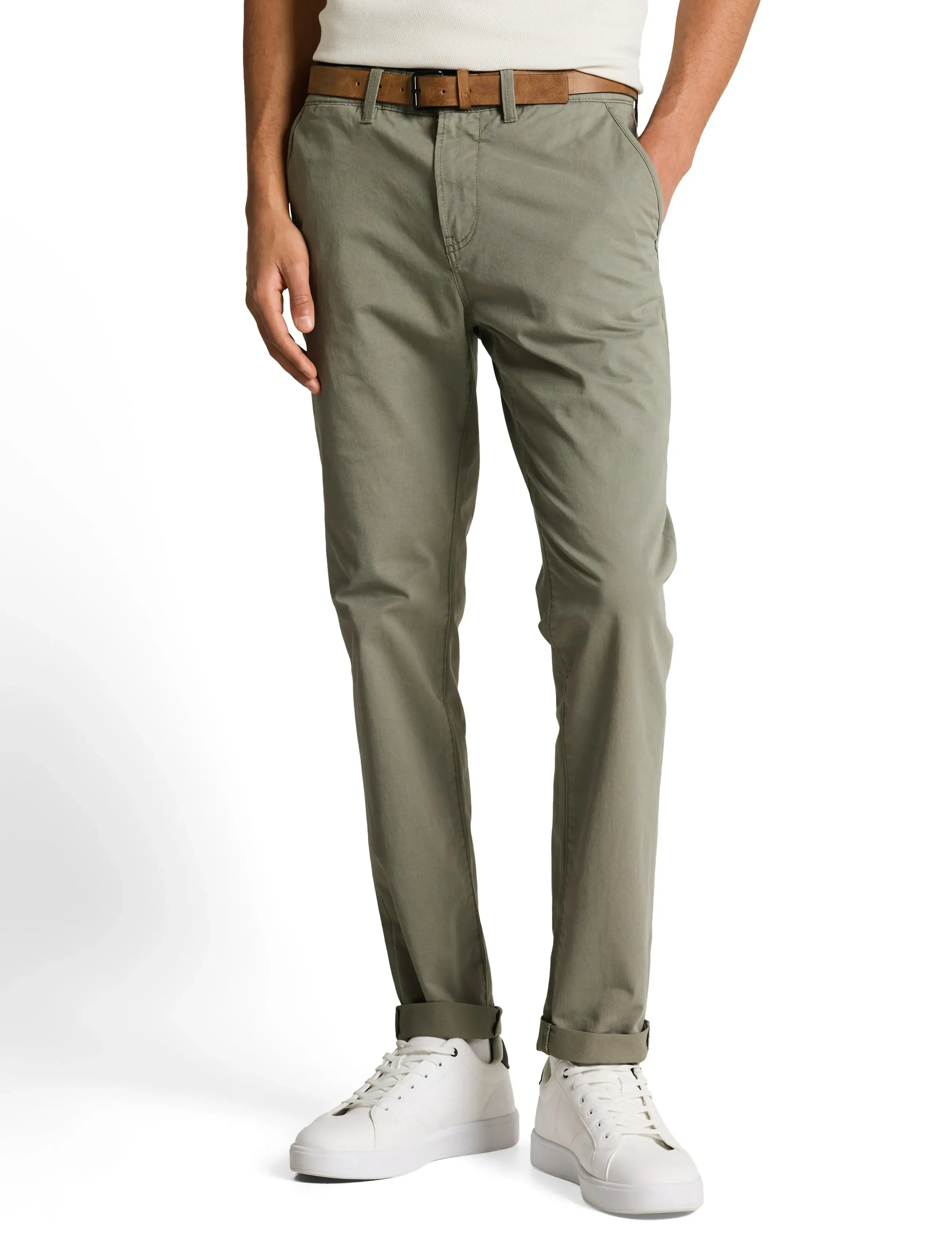 Tom Tailor slim chino with belt - Clothing - DUSTY MID OLIVE / khaki/green