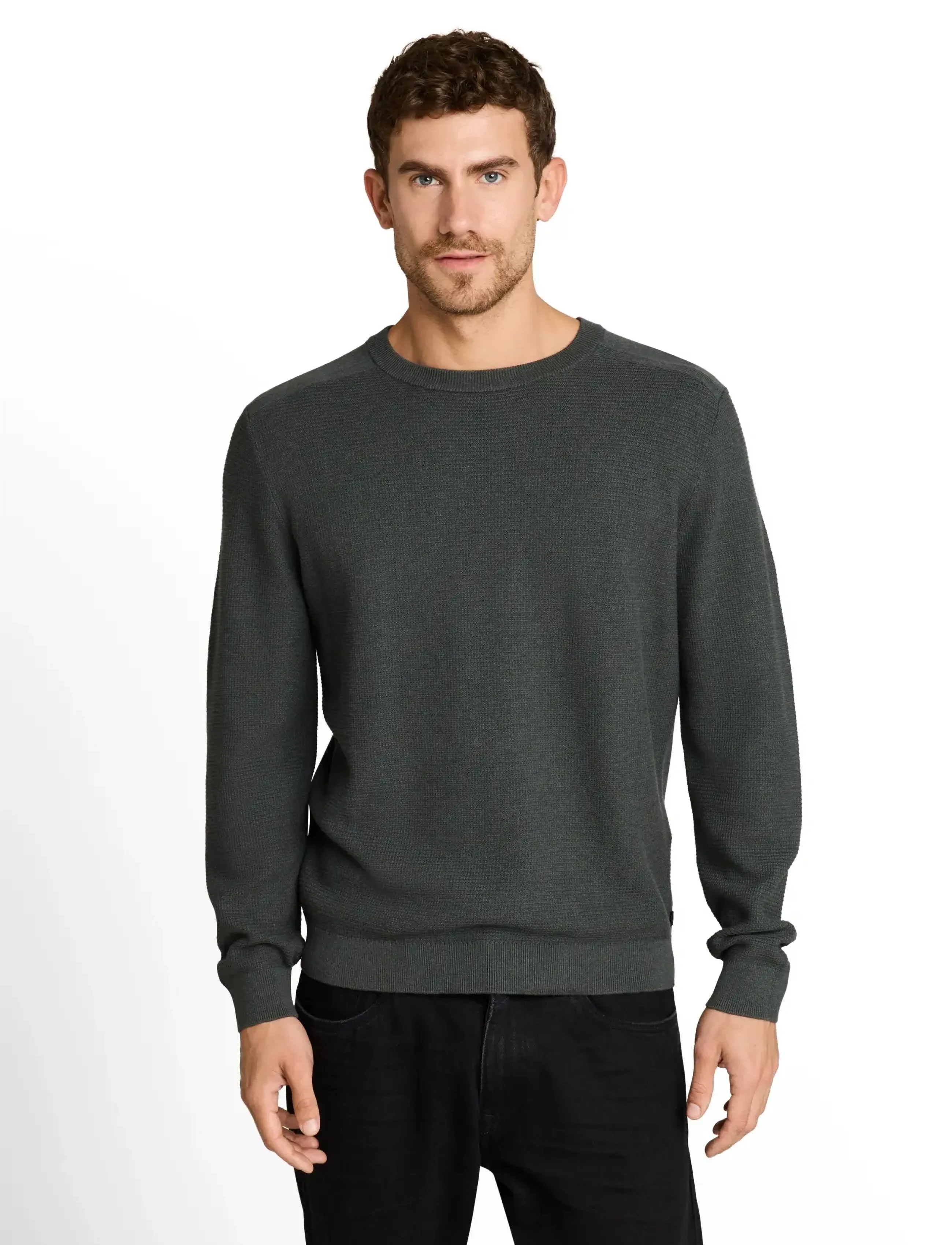 Tom Tailor - structured crew neck knit - darkest olive melange - 4