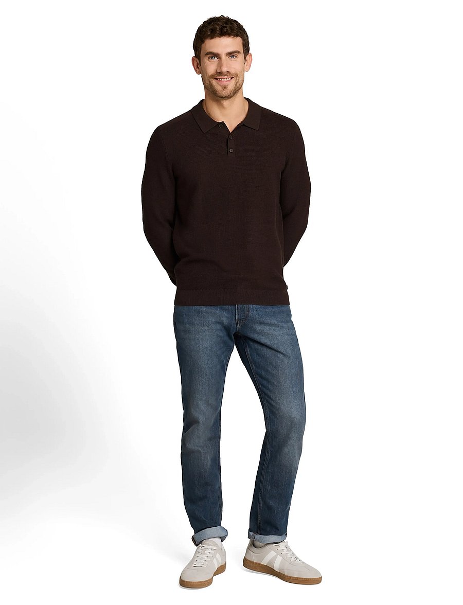 Tom Tailor - structured knit polo - långärmade stickade pikétröjor - dark chocolate brown melange - 0