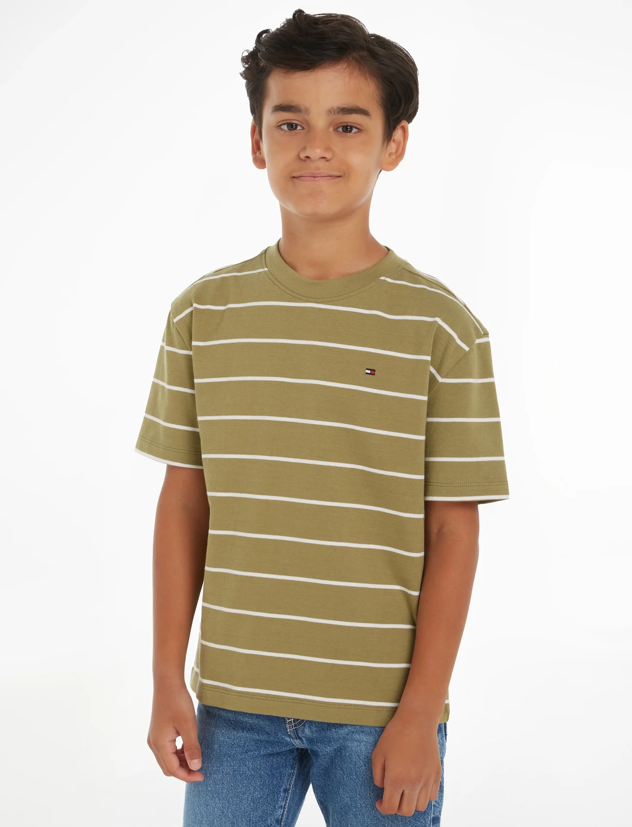 Tommy Hilfiger - STRIPE TEE S/S - marškinėliai trumpomis rankovėmis - faded olive base/white stripe - 0