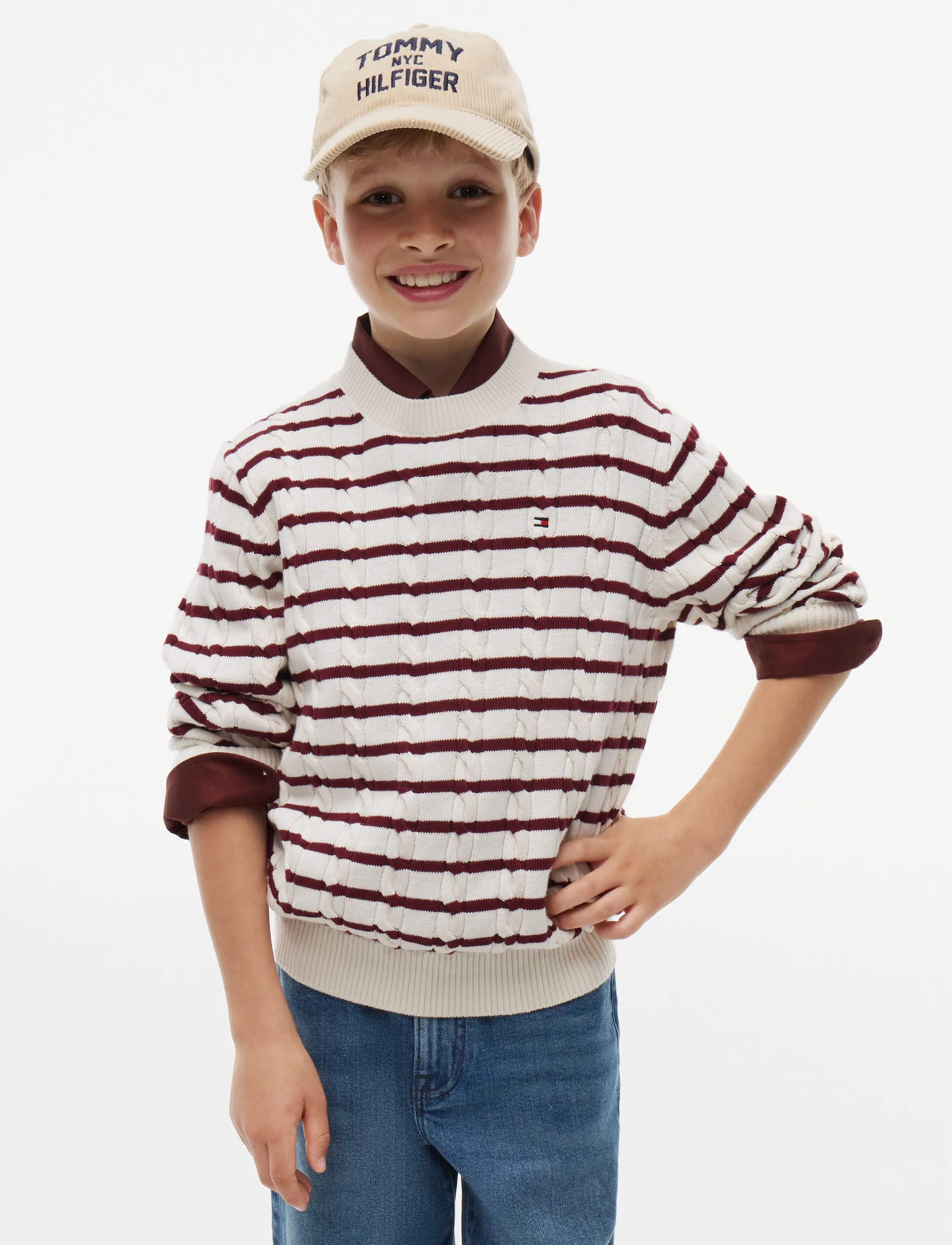 Tommy Hilfiger Cotton Cable Sweater, Børn, Kabelstrikket Sweater, Cream, Str: 128