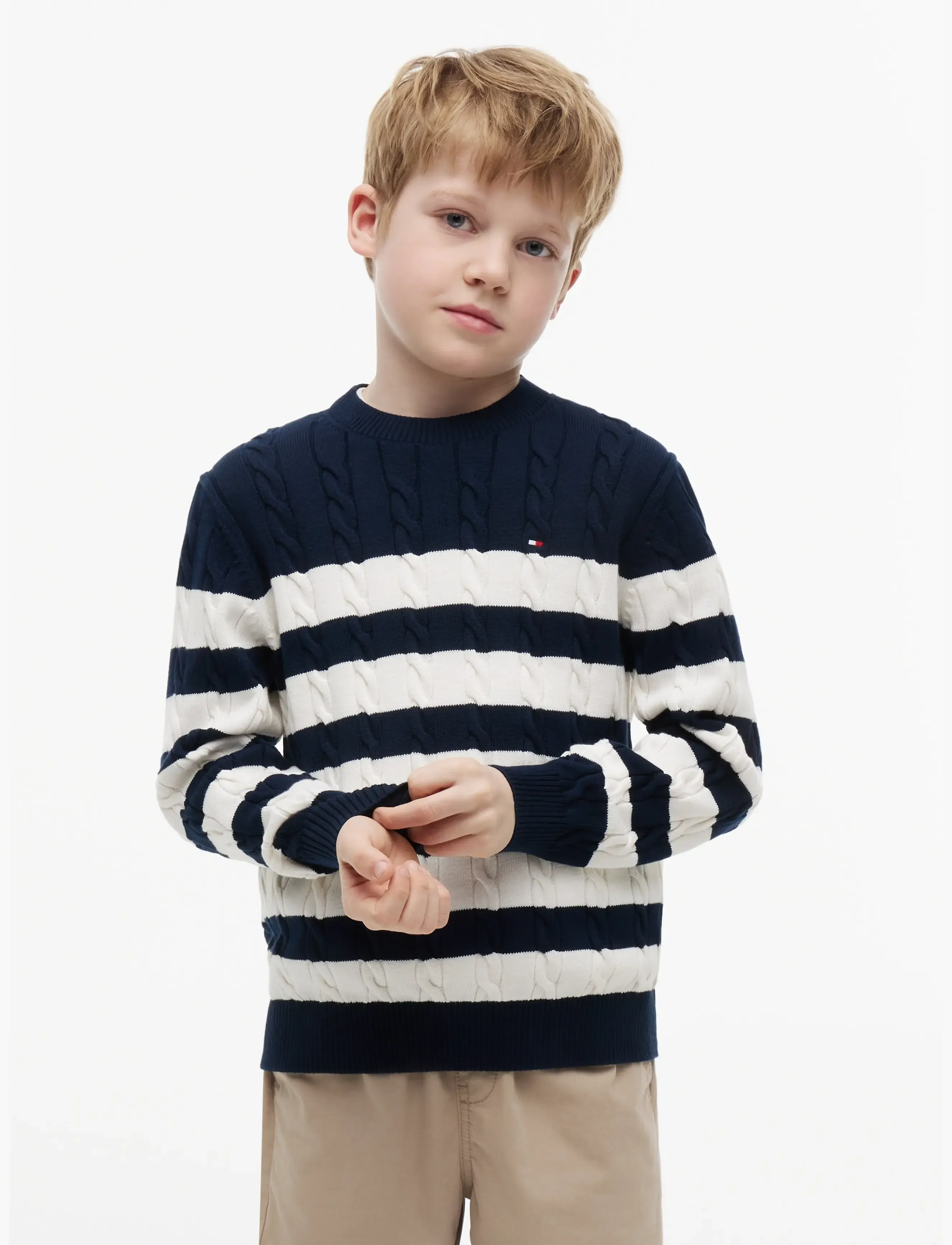Tommy Hilfiger COTTON CABLE SWEATER - Tommy Hilfiger - DARK BLUE  IVORY PETAL STRIPE / navy
