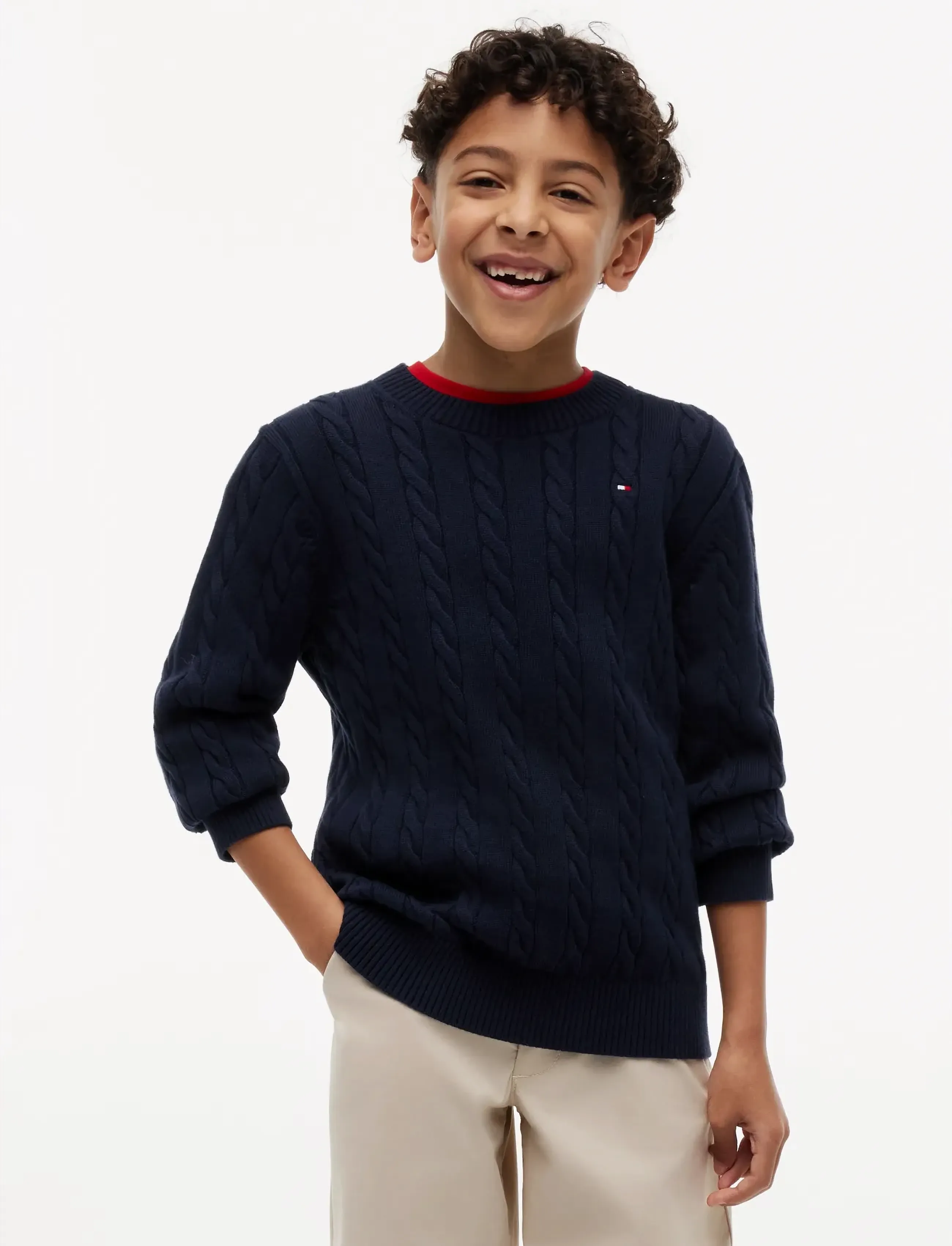 Tommy Hilfiger Cotton Cable Sweater, Børn, Kabelstrikket Sweater, Navy, Str: 98