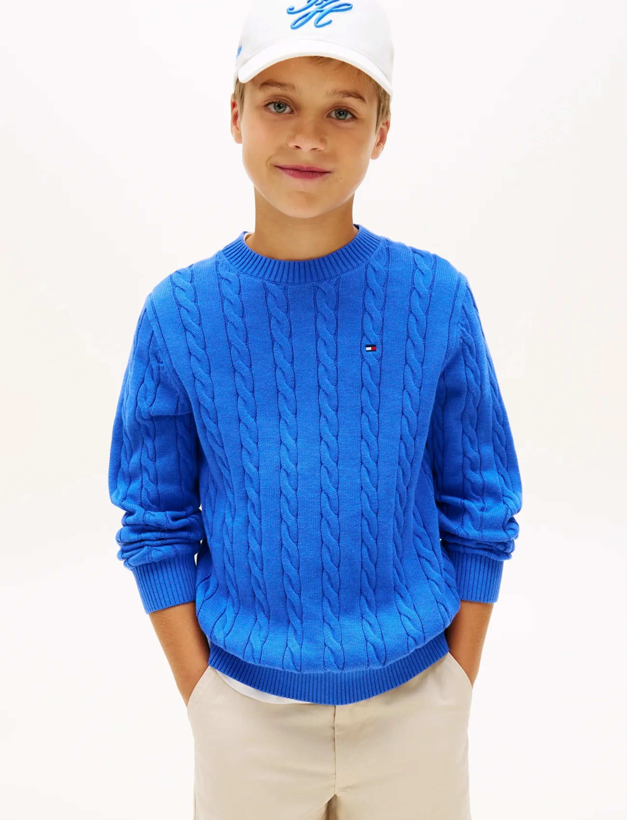 Tommy Hilfiger Cotton Cable Sweater, Børn, Kabelstrikket Sweater, Blå, Str: 152