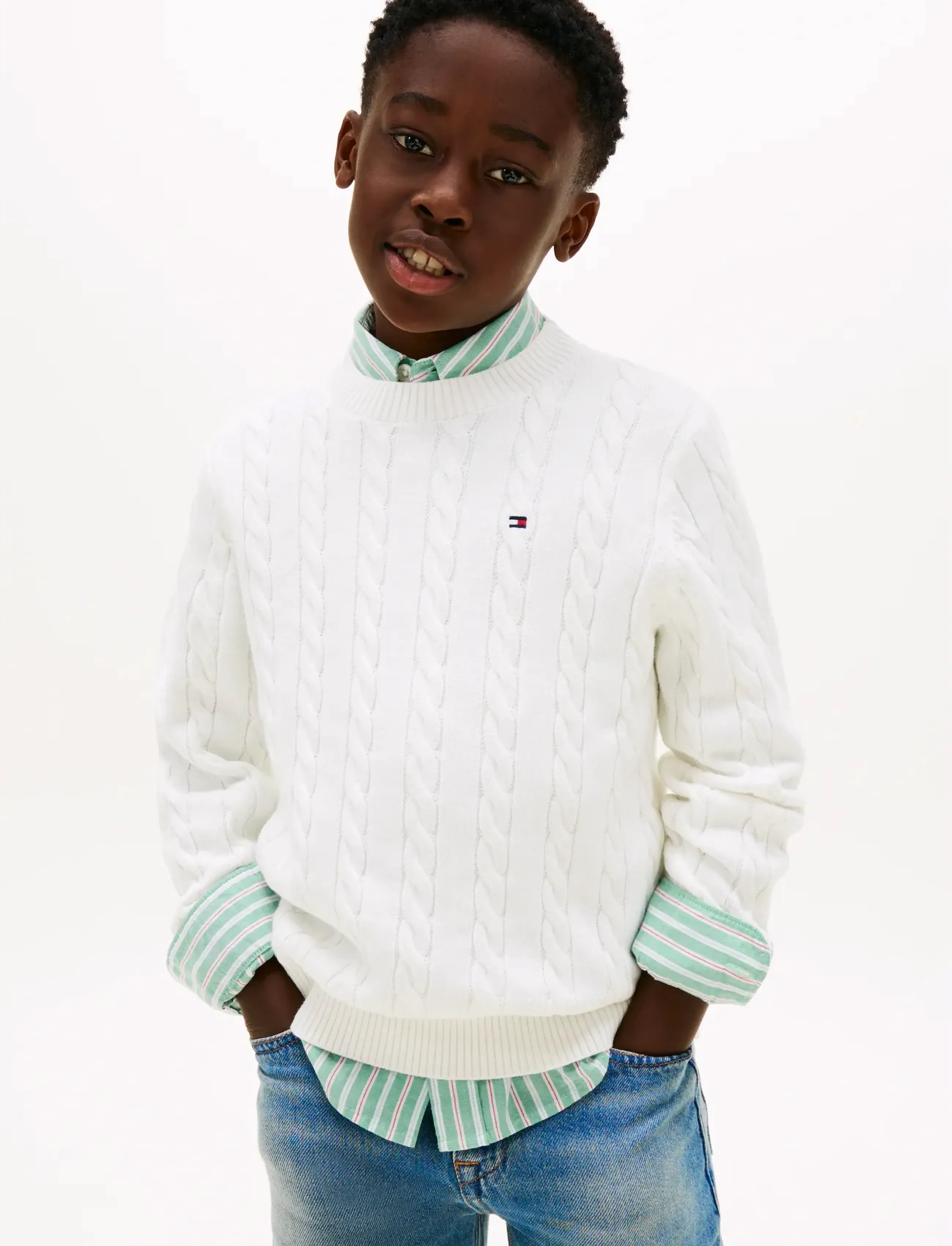 Tommy Hilfiger Cotton Cable Sweater, Børn, Kabelstrikket Sweater, Hvid, Str: 140