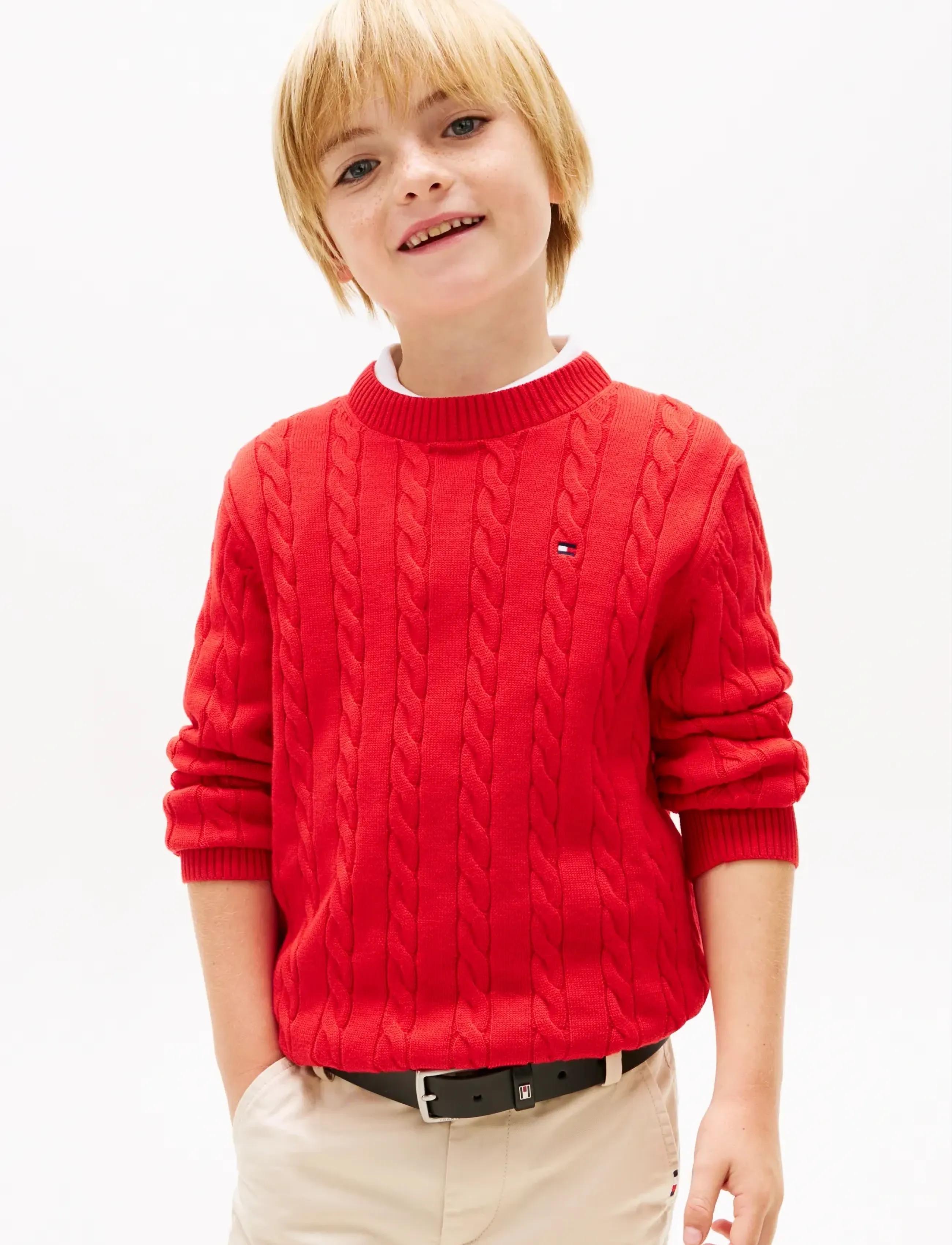 Tommy Hilfiger Cotton Cable Sweater, Børn, Kabelstrikket Sweater, Rød, Str: 152