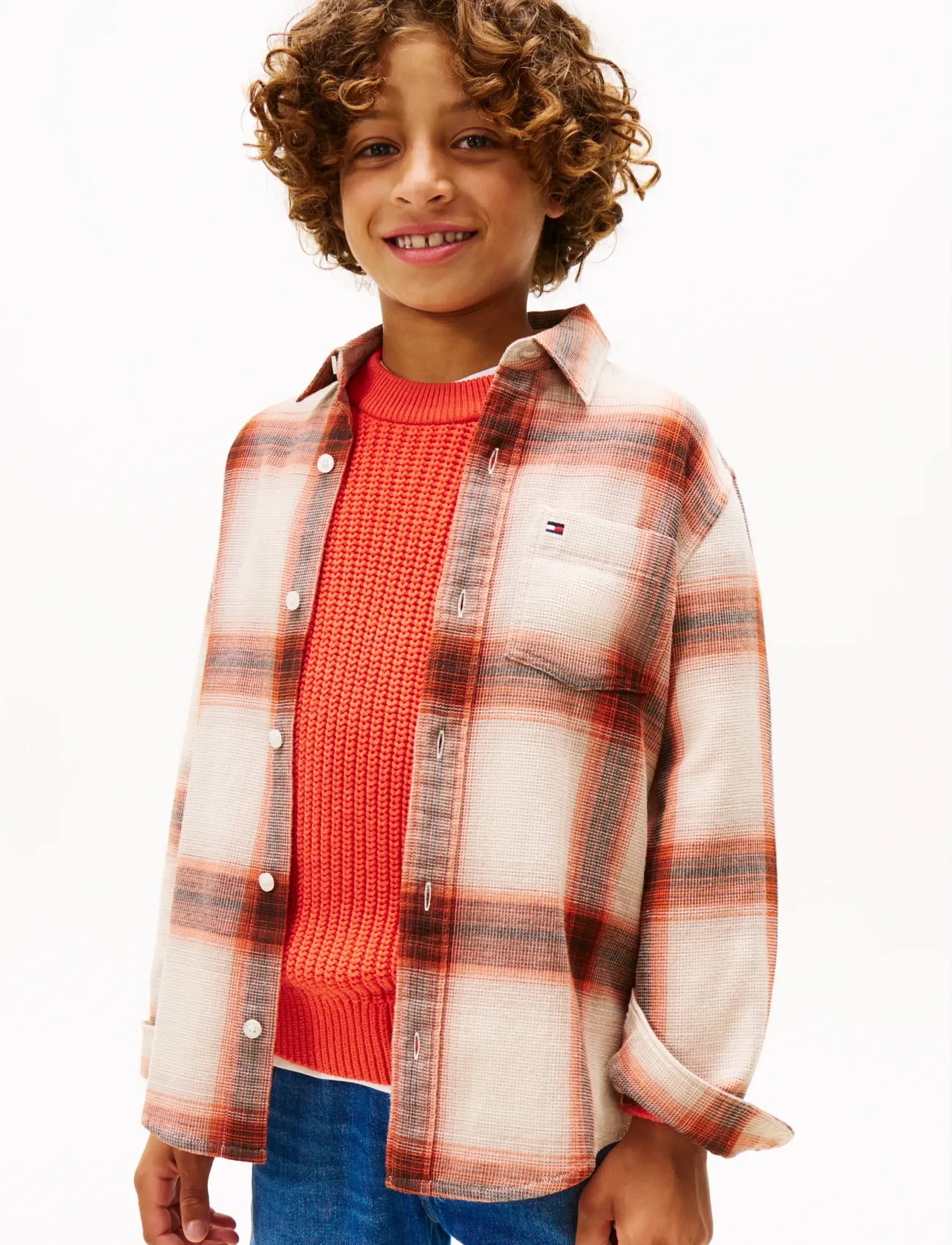 Tommy Hilfiger WAFFLE TEXTURE CHECK SHIRT - Särgid - VOYAGER ORANGER CHECK / cream