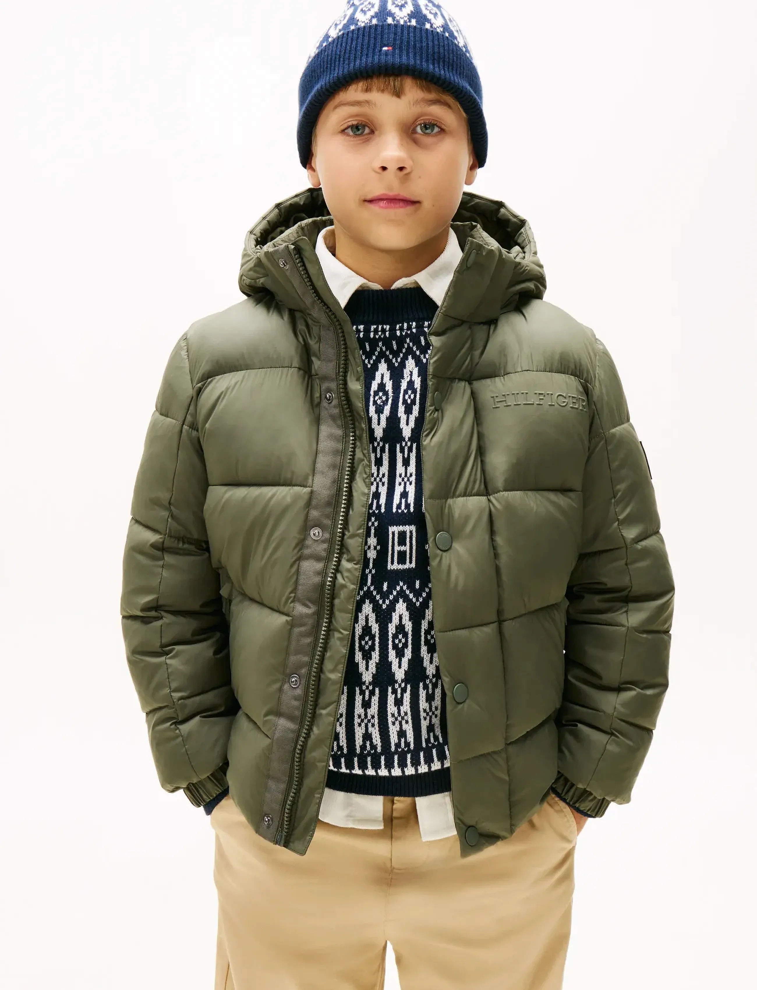 Tommy Hilfiger Matt And Shine Embossed Jacket, 128, Jackets & Coats, Khakigrün - Puffer Padded, Kinder
