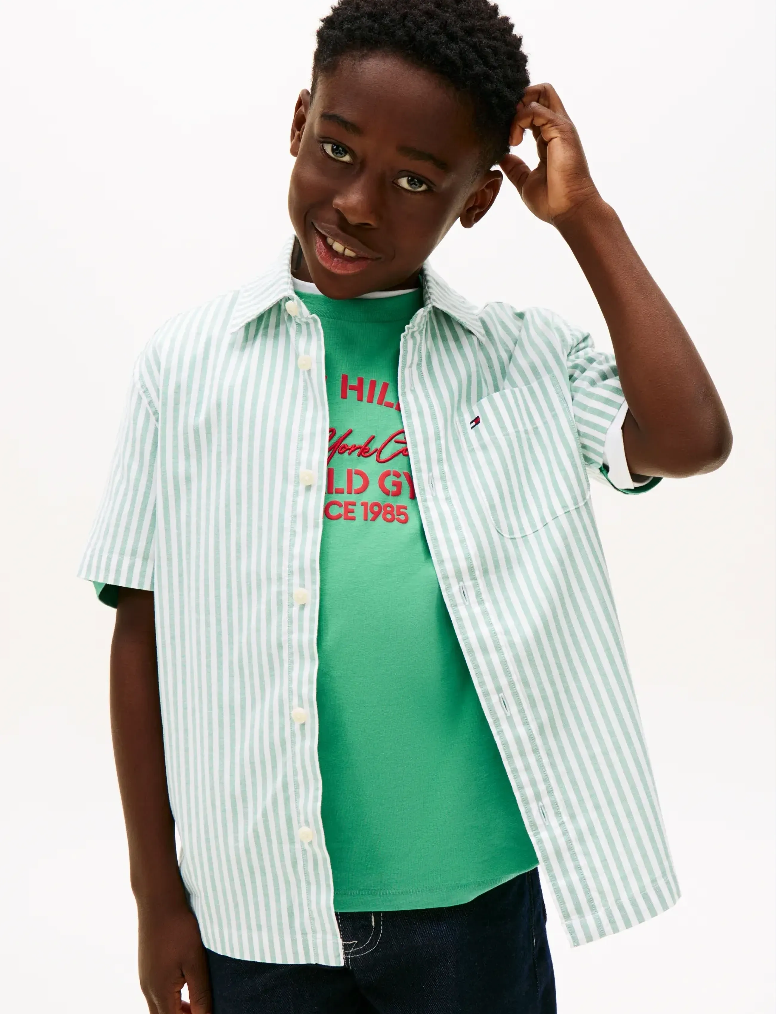 Tommy Hilfiger FLEX ITHACA STRIPE SHIRT SS - Tøj - BAHAMA GREEN STRIPE / green