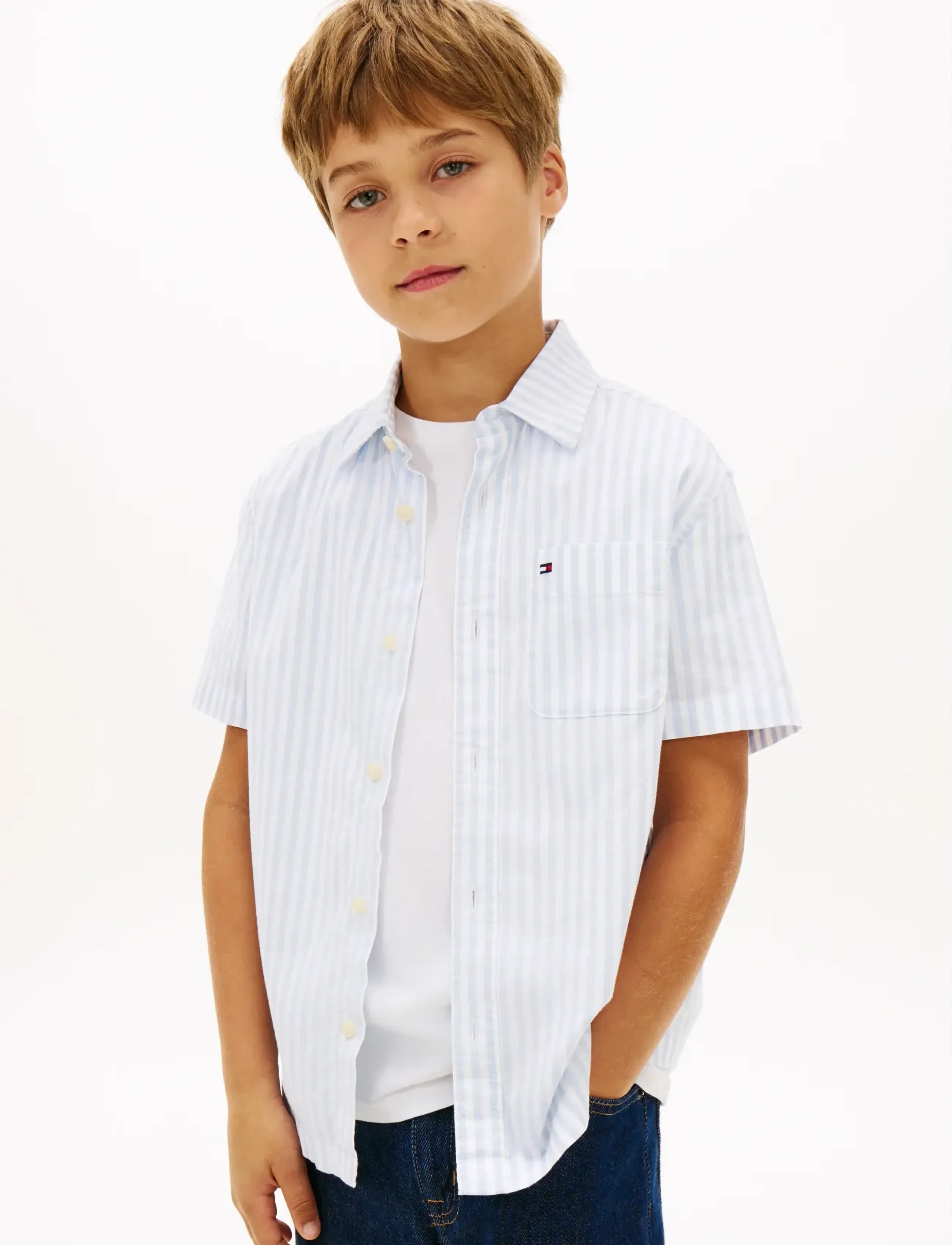 Tommy Hilfiger Flex Ithaca Stripe Shirt Ss, 140, Blue, Skjorter > Kortærmede Shirts, Børn