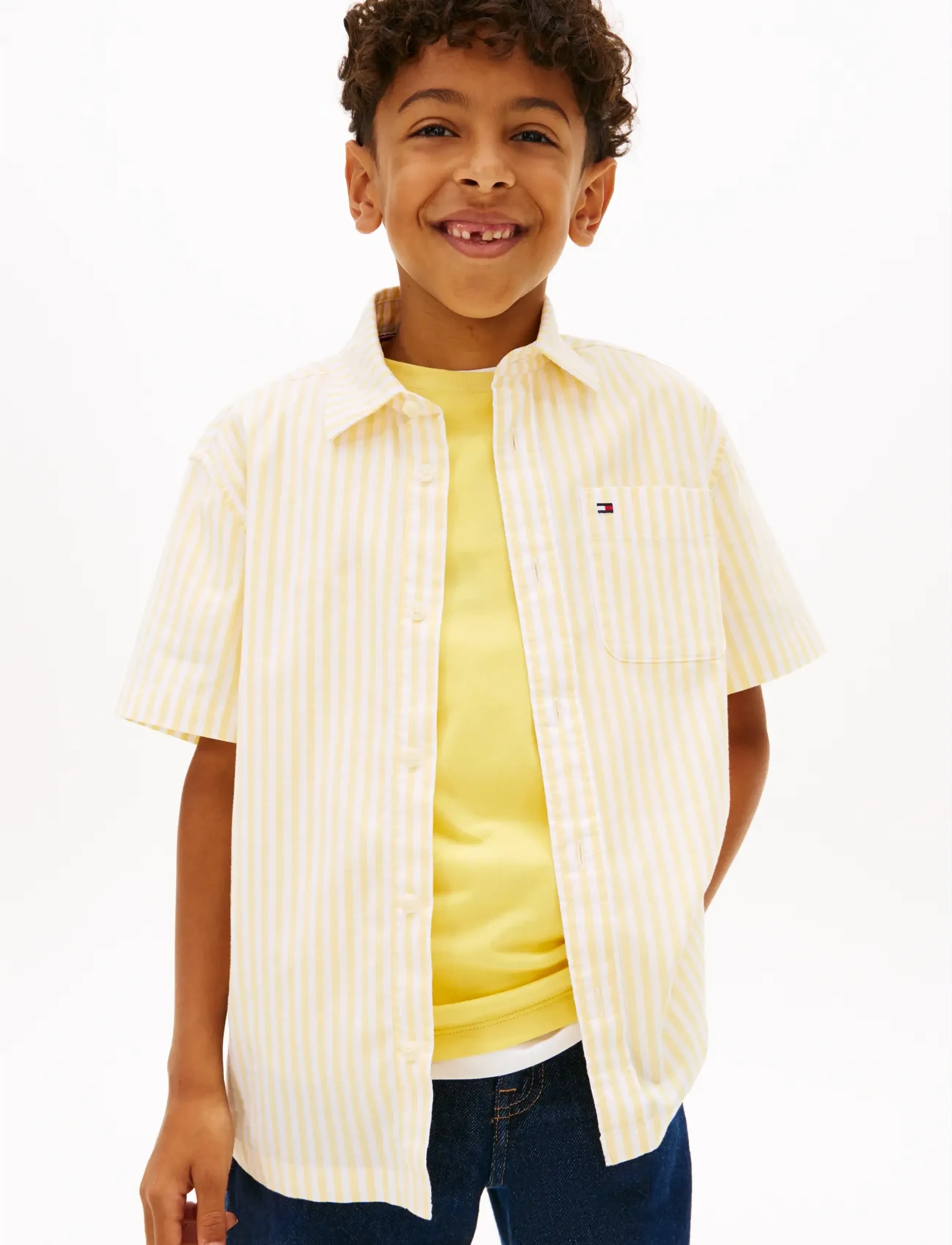 Tommy Hilfiger Flex Ithaca Stripe Shirt Ss, 122, Yellow, Skjorter > Kortærmede Shirts, Børn