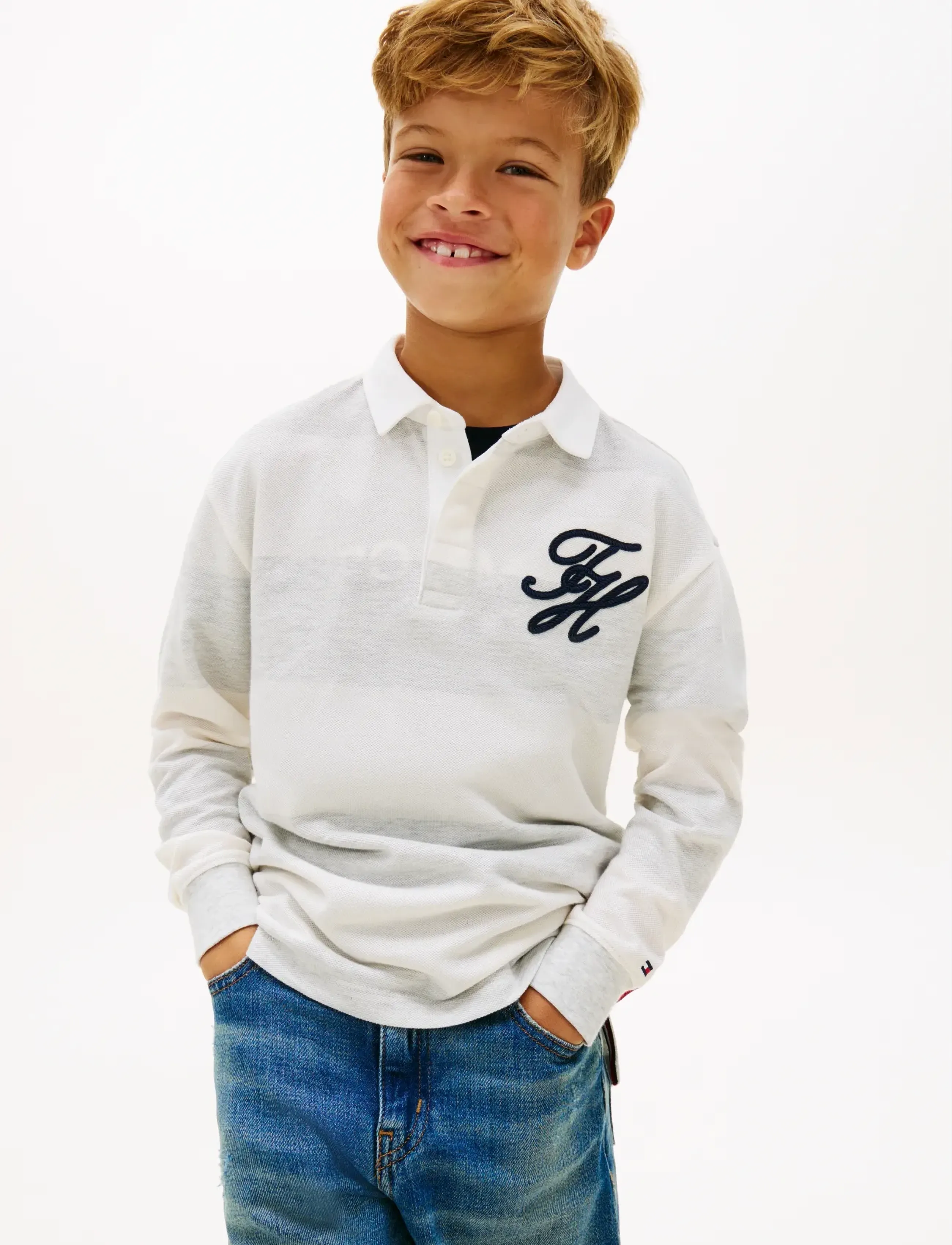 Tommy Hilfiger TH SCRIPT GRAPHIC RUGBY POLO LS - Pikkade varrukatega polod - LIGHT GREY HTR STRIPE / white