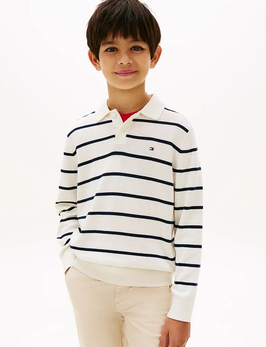 Tommy Hilfiger - POLO COLLAR SWEATER LS - langärmelig poloshirt - ivory silk stripe - 0