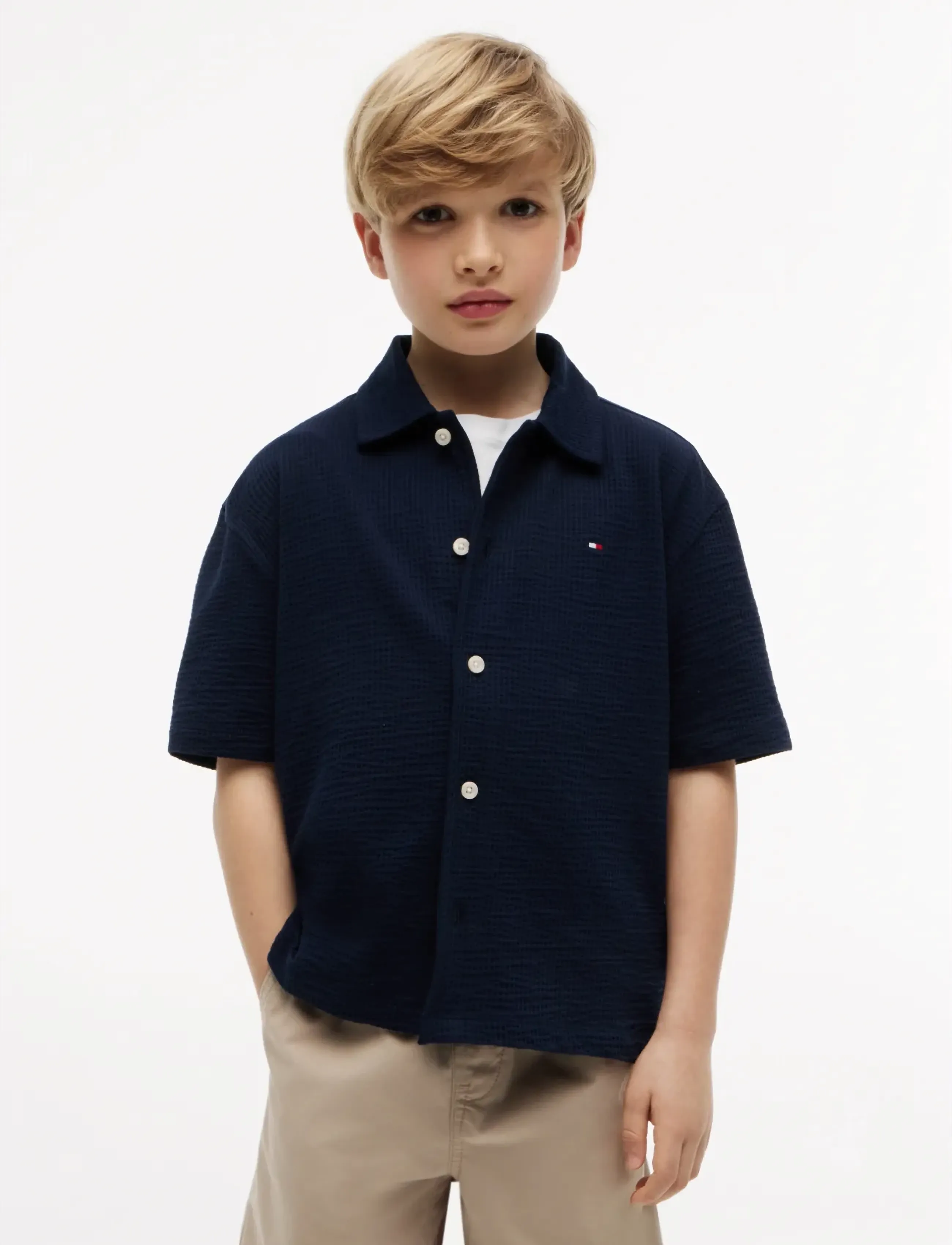 Tommy Hilfiger Jersey Seersucker Shirt Ss, 176, Navy, Skjorter > Kortærmede Shirts, Børn