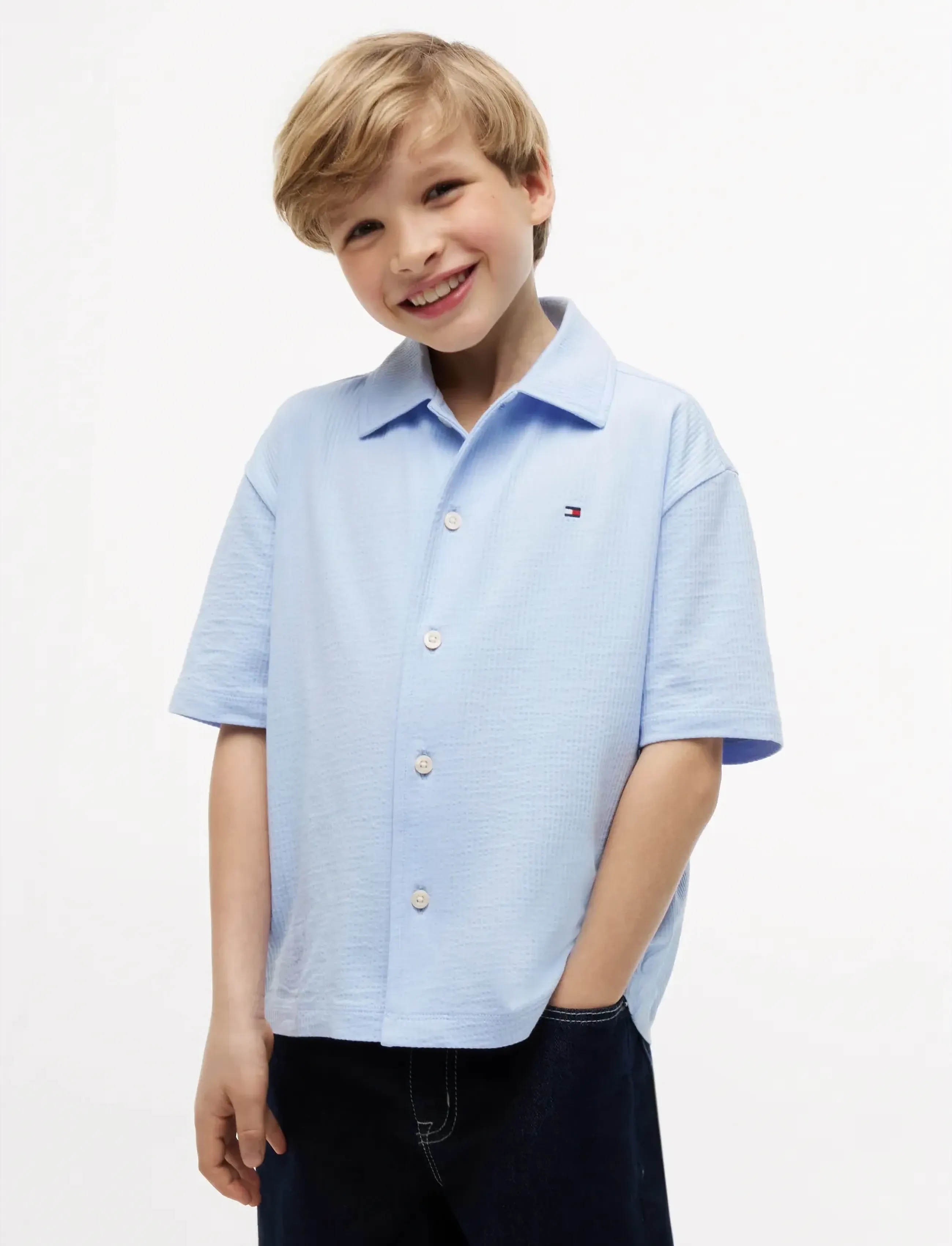Tommy Hilfiger Jersey Seersucker Shirt Ss, 152, Blue, Skjorter > Kortærmede Shirts, Børn