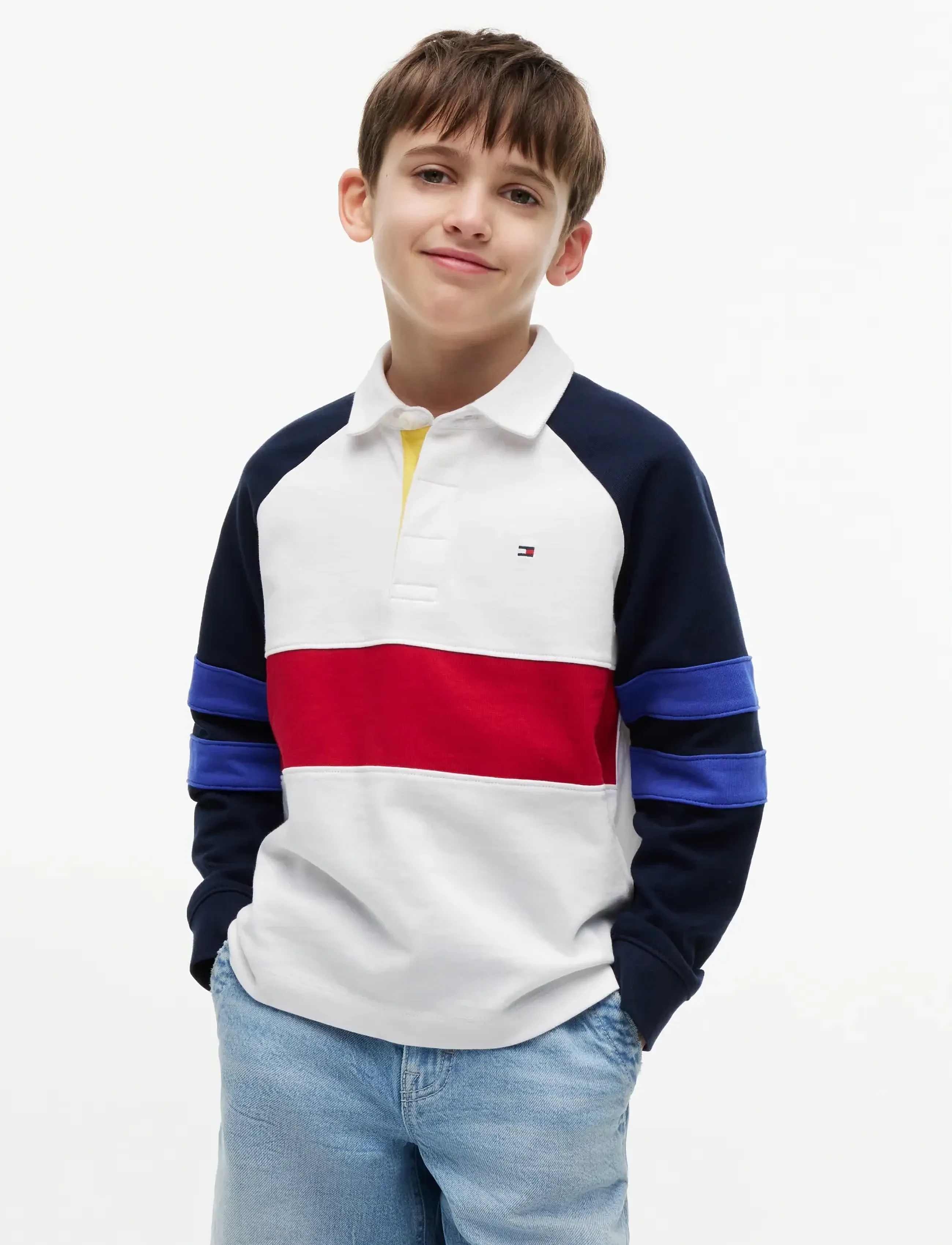 Tommy Hilfiger Colourblock Polo Sweatshirt, Farveblok Polo Sweatshirt, Hvid, Str: 176