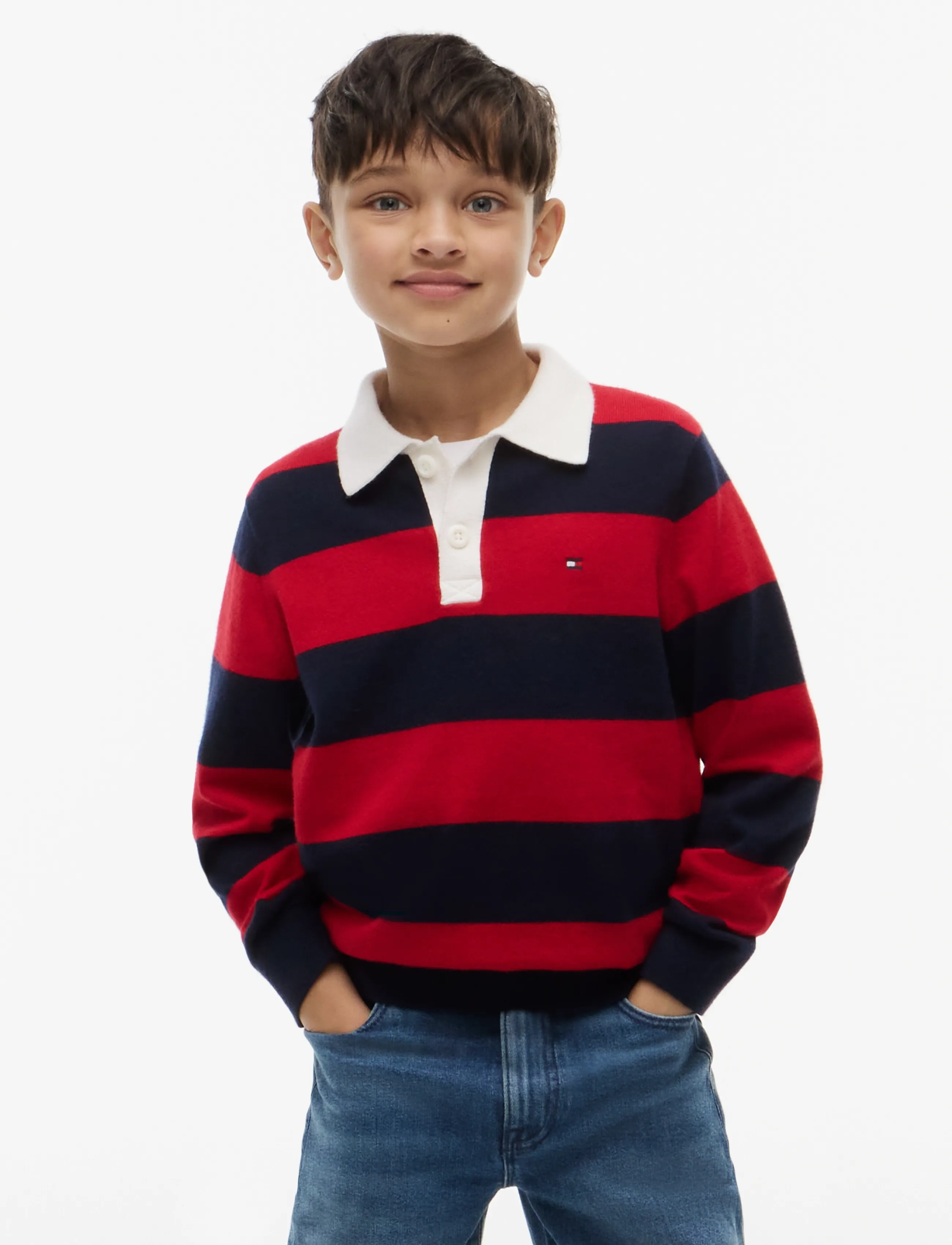 Tommy Hilfiger KNITTED POLO LS - Tommy Hilfiger - RED  DARK BLUE STRIPE / red