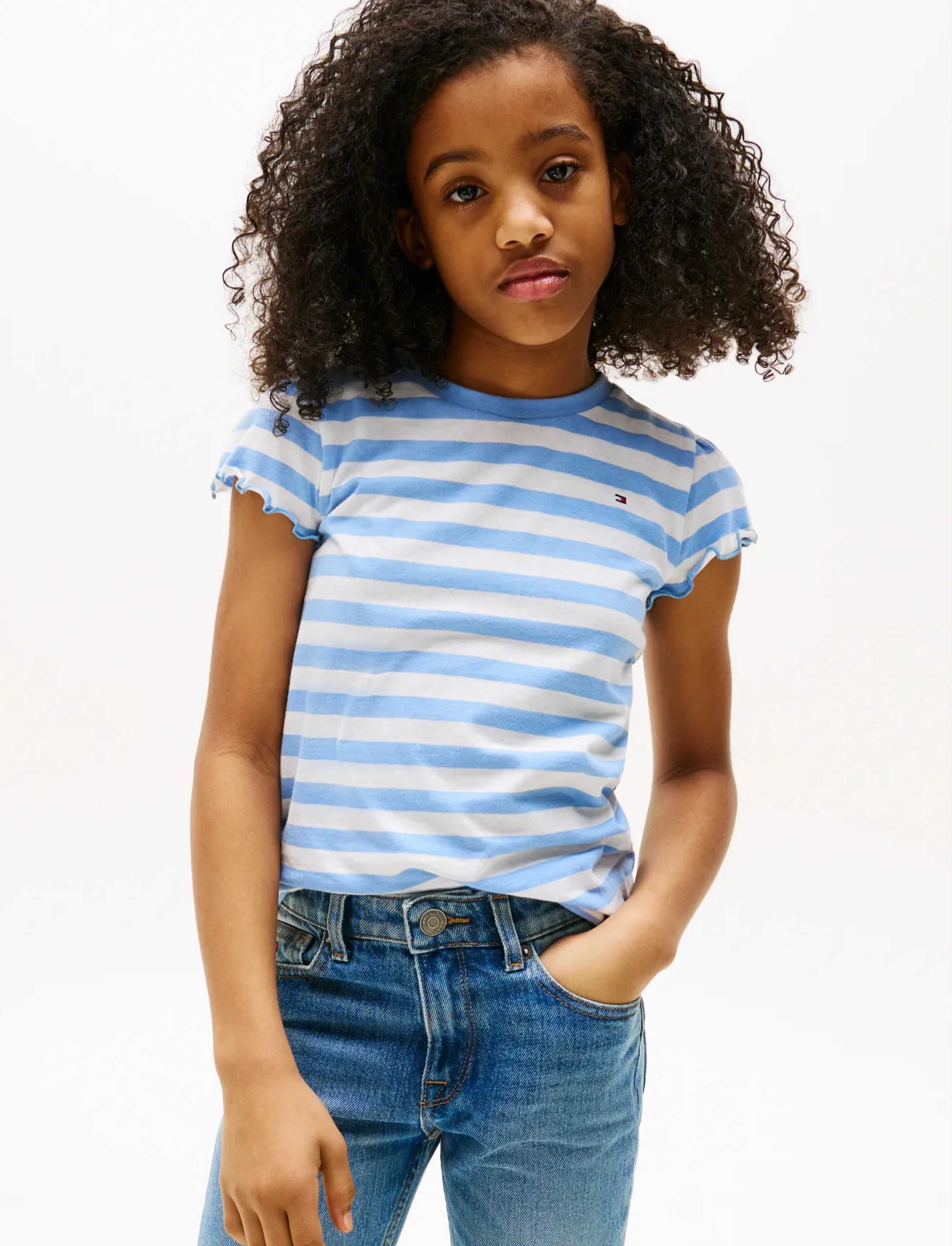 Tommy Hilfiger ESSENTIAL STRIPE RUFFLE TOP SS - Oberteile & T-Shirts - CLOUDY BLUE STRIPES / blue