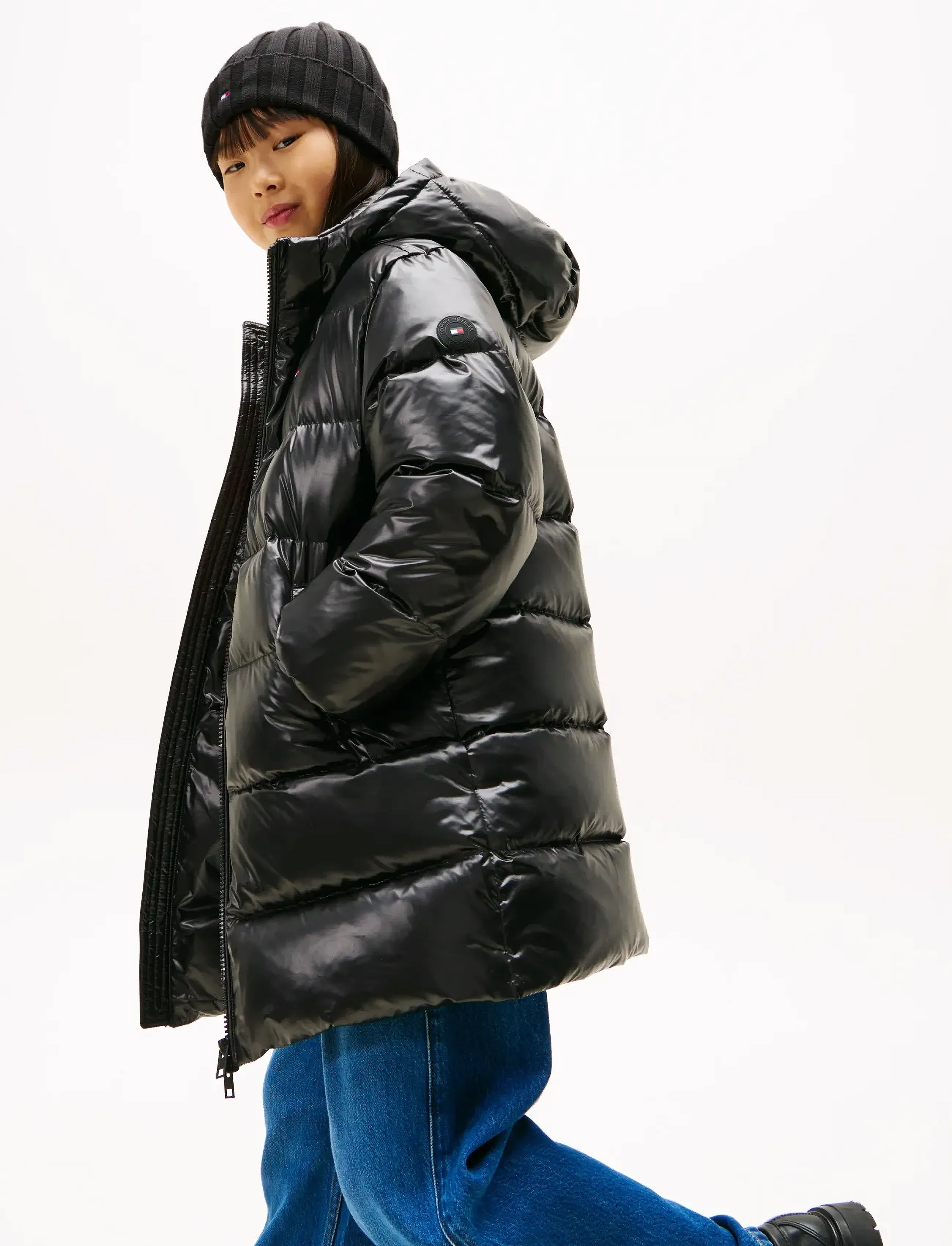 Tommy Hilfiger Essential Long Down Jacket, Børn, Lang Hætte Dunjakke, Sort, Str: 176