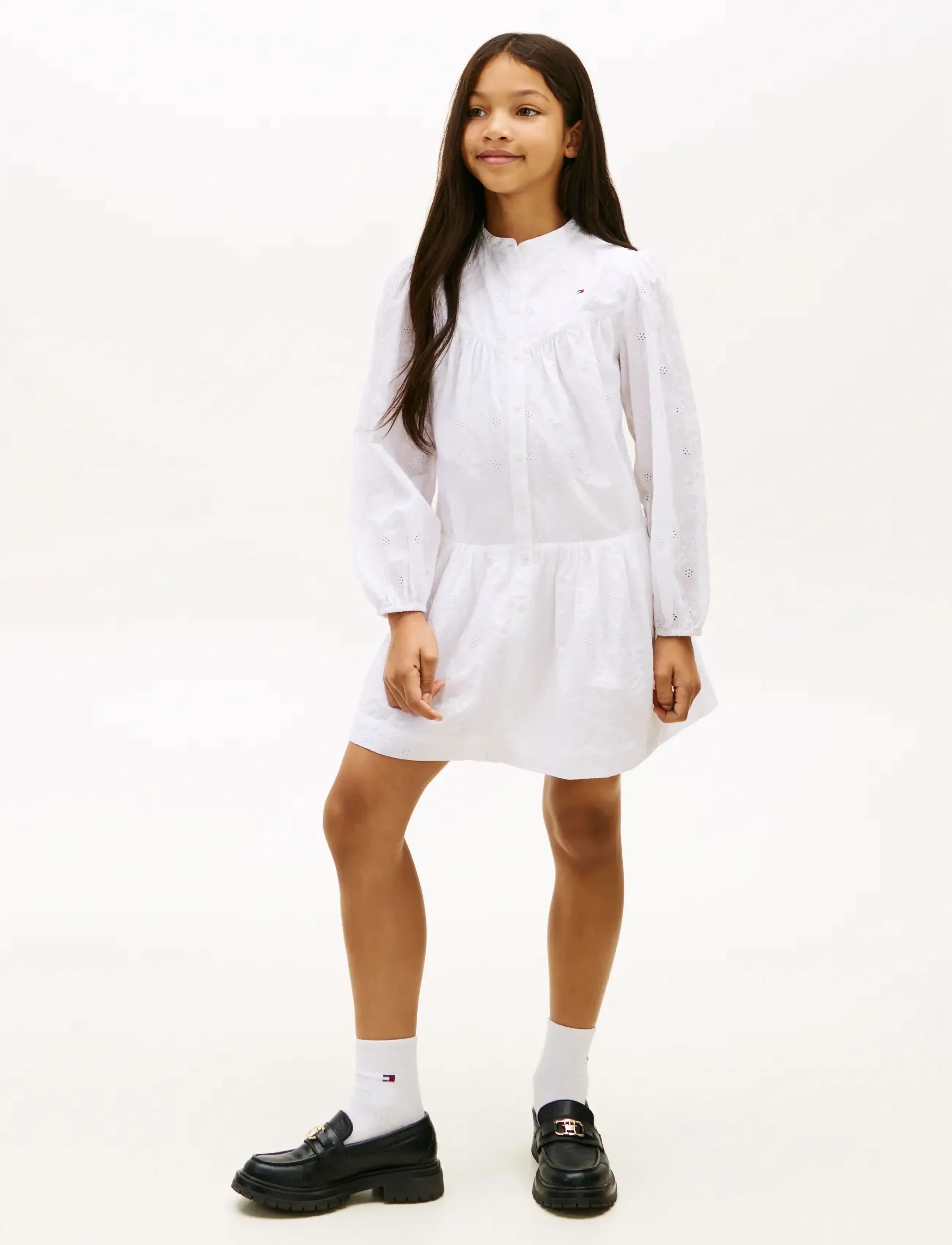 Tommy Hilfiger Broderie Anglaise Dress Ls, 164, White, Fritidskjoler > Fritidskjoler Med Lange Ærmer, Børn