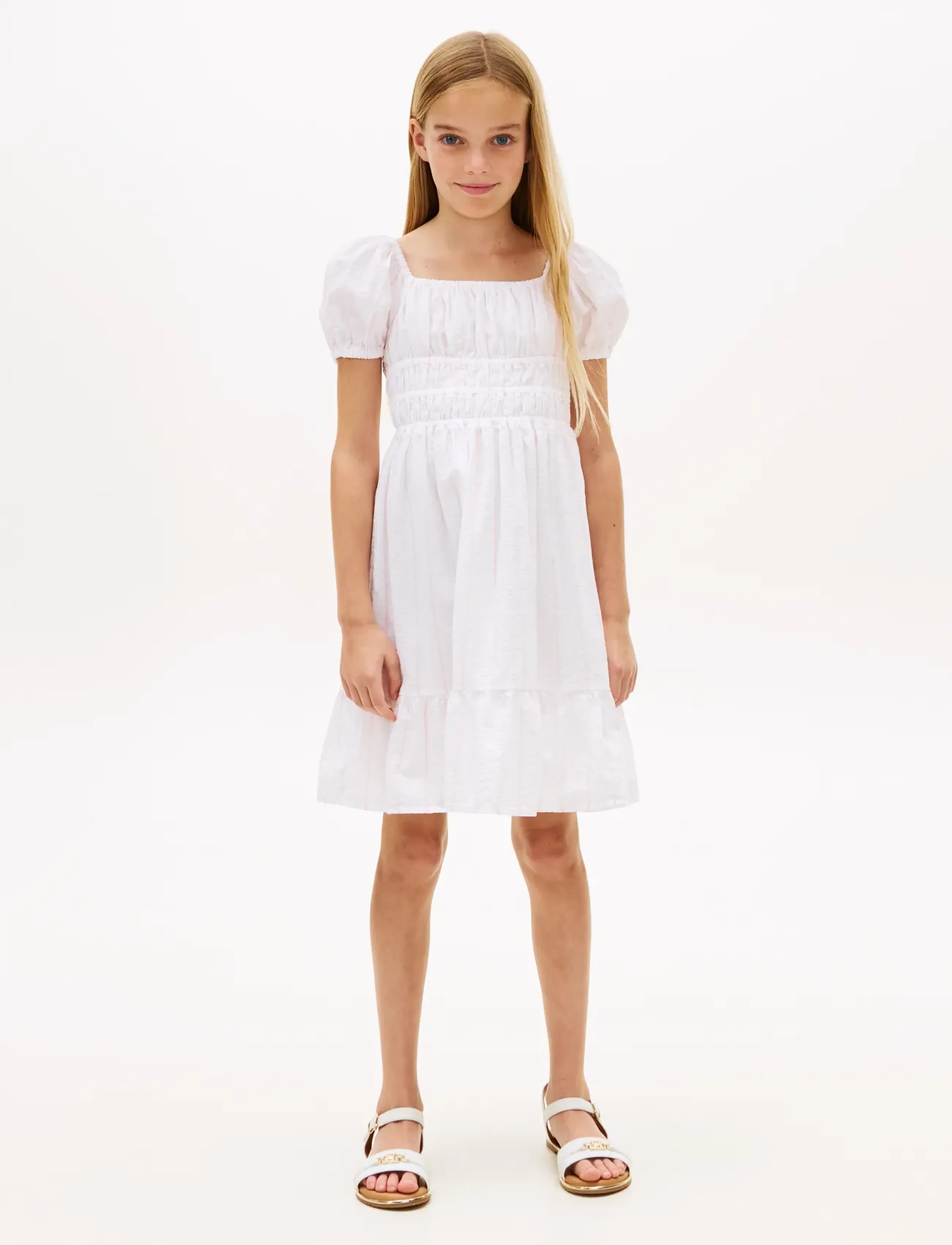 Tommy Hilfiger Seersucker Puff Sleeves Dress Ss, 140, White, Fritidskjoler > Kortærmede Fritidskjoler, Børn