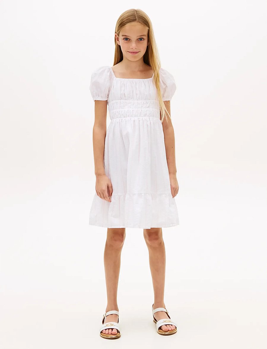 Tommy Hilfiger - SEERSUCKER PUFF SLEEVES DRESS SS - kurzärmelige freizeitkleider - white - 0