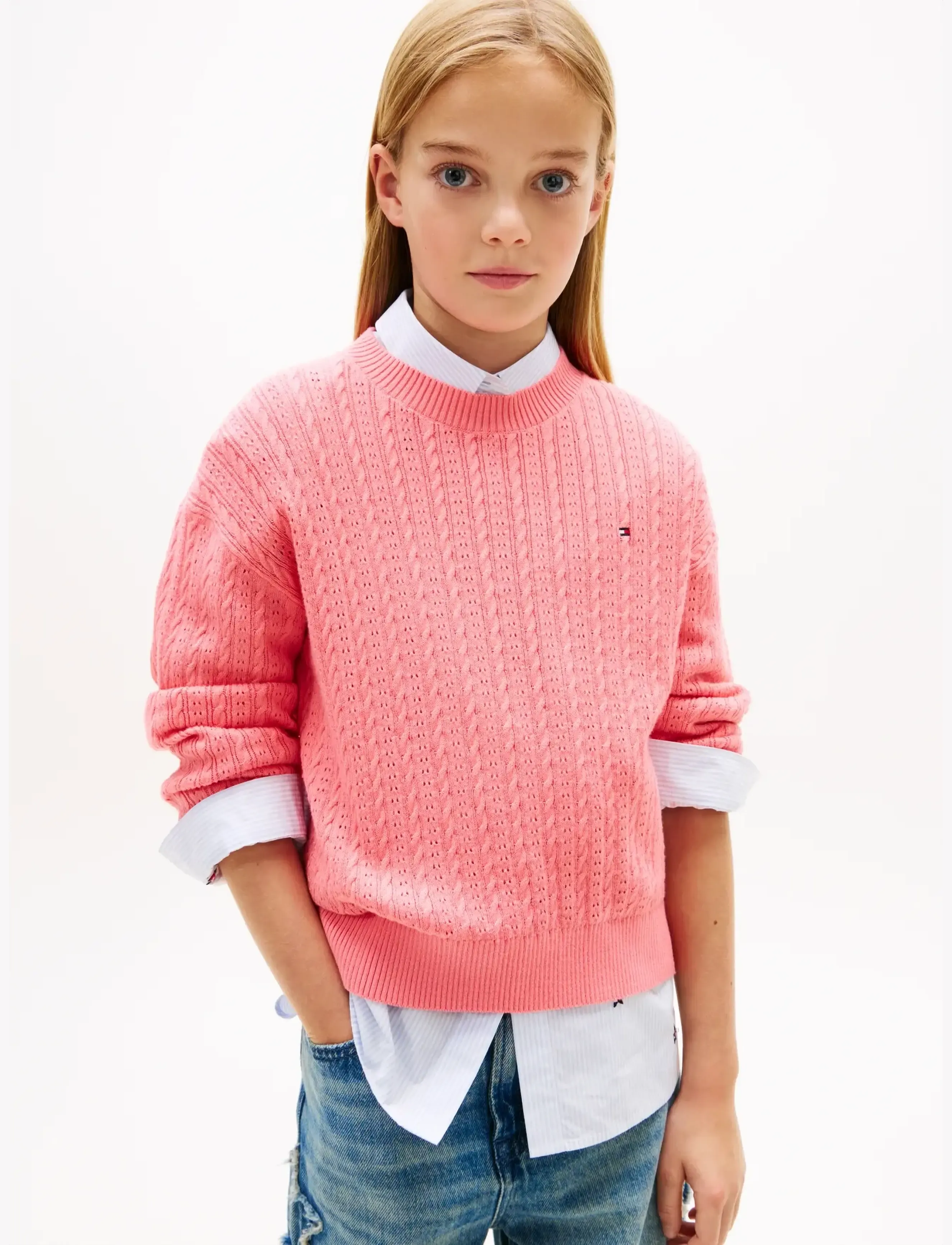 Tommy Hilfiger Pointelle Cable Sweater, 176, Knitwear, Rosa - Jumpers, Kinder