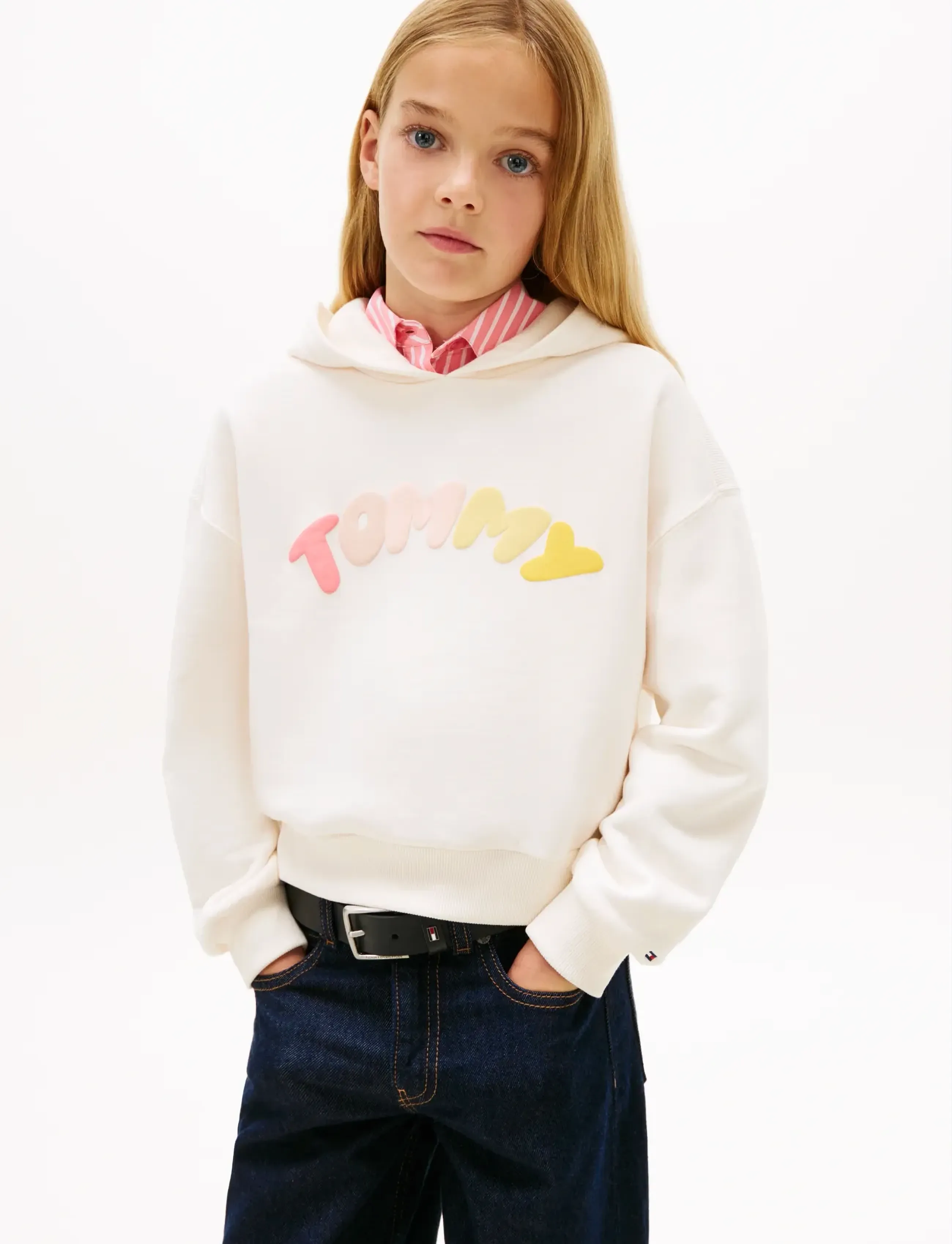 Tommy Hilfiger Tommy Puff Print Hoodie, Børn, Puff Print Hættetrøje, Cream, Str: 122