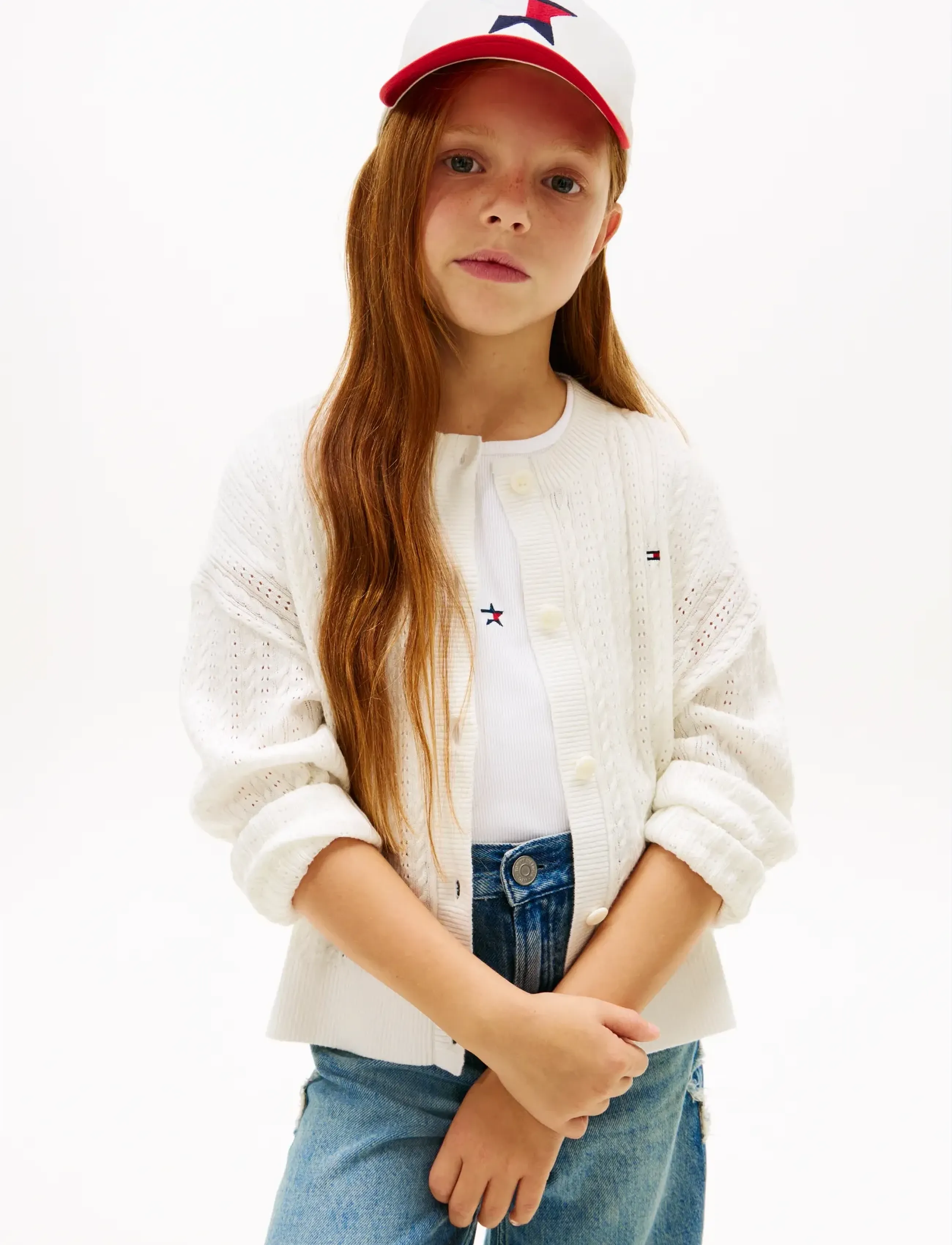 Tommy Hilfiger Pointelle Cable Cardigan, 122, White, Strik > Cardigans, Børn