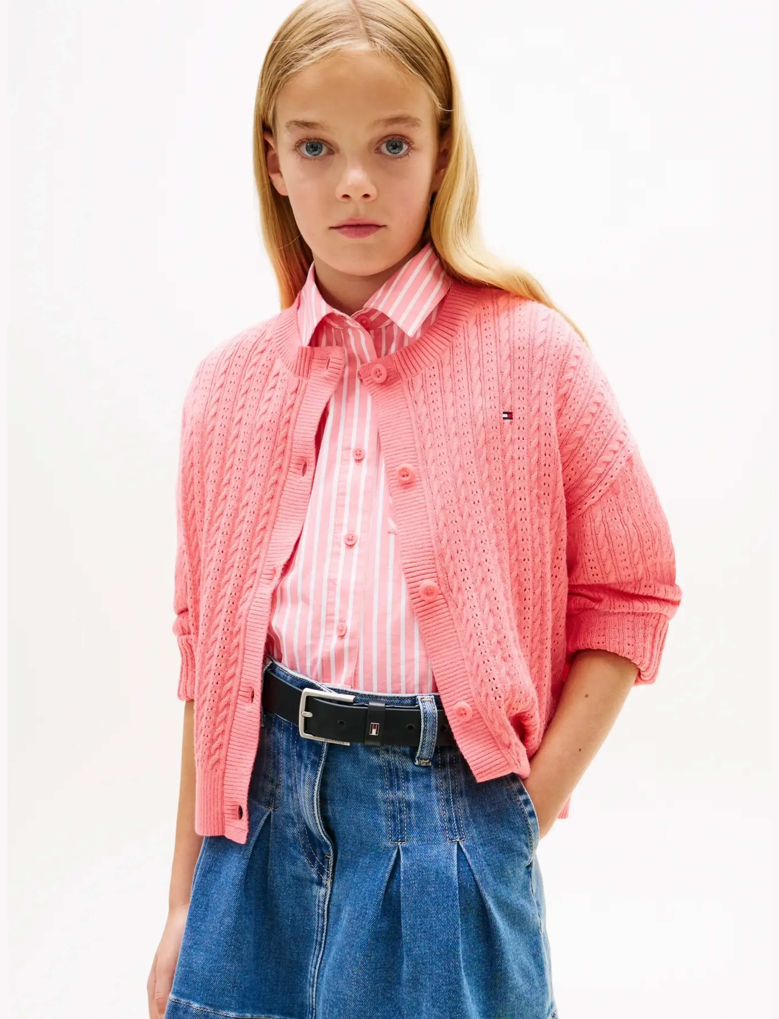 Tommy Hilfiger Pointelle Cable Cardigan, 140, Pink, Strik > Cardigans, Børn