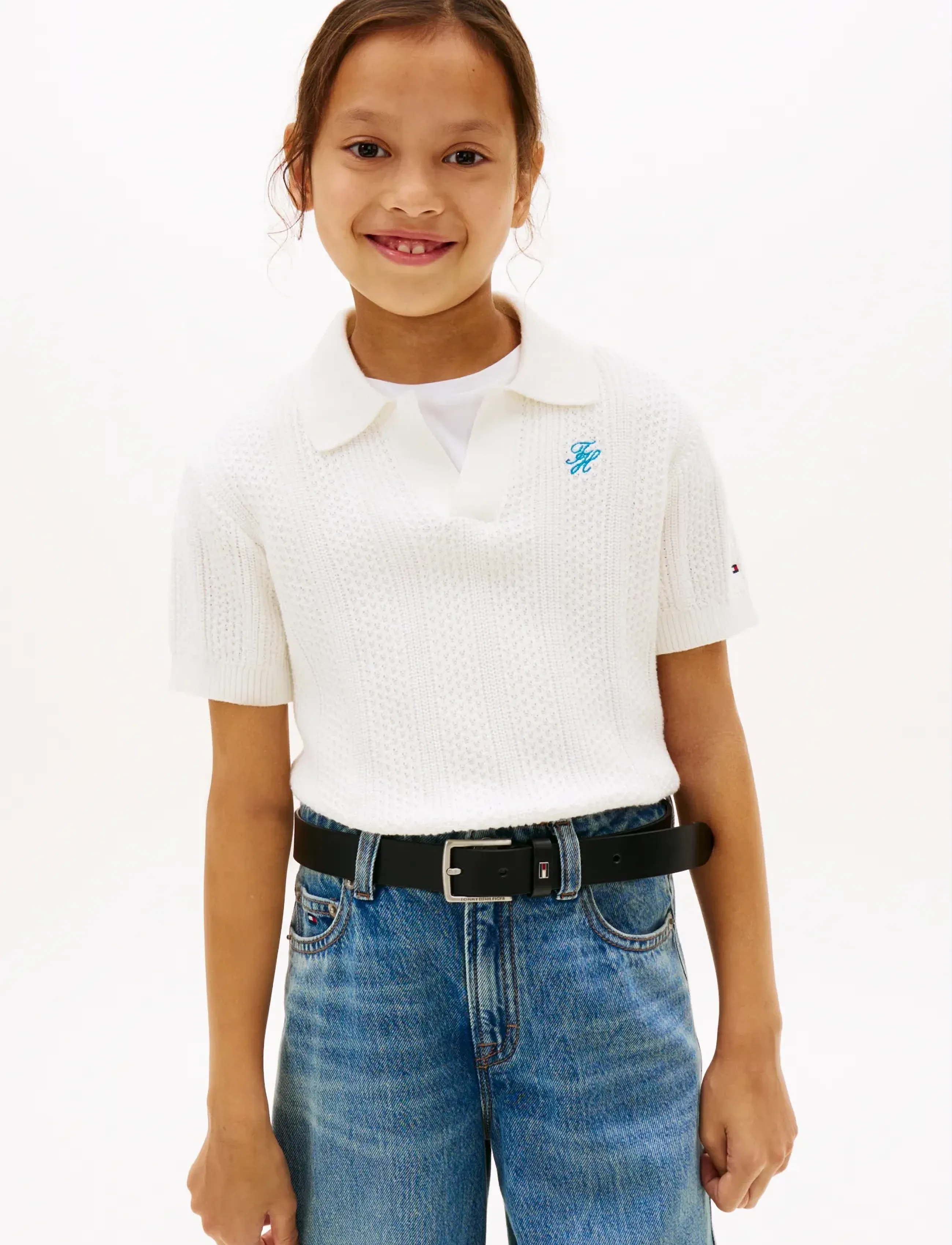Tommy Hilfiger Crochet Stitch Top, Børn, Hæklet Polo Top, Hvid, Str: 164