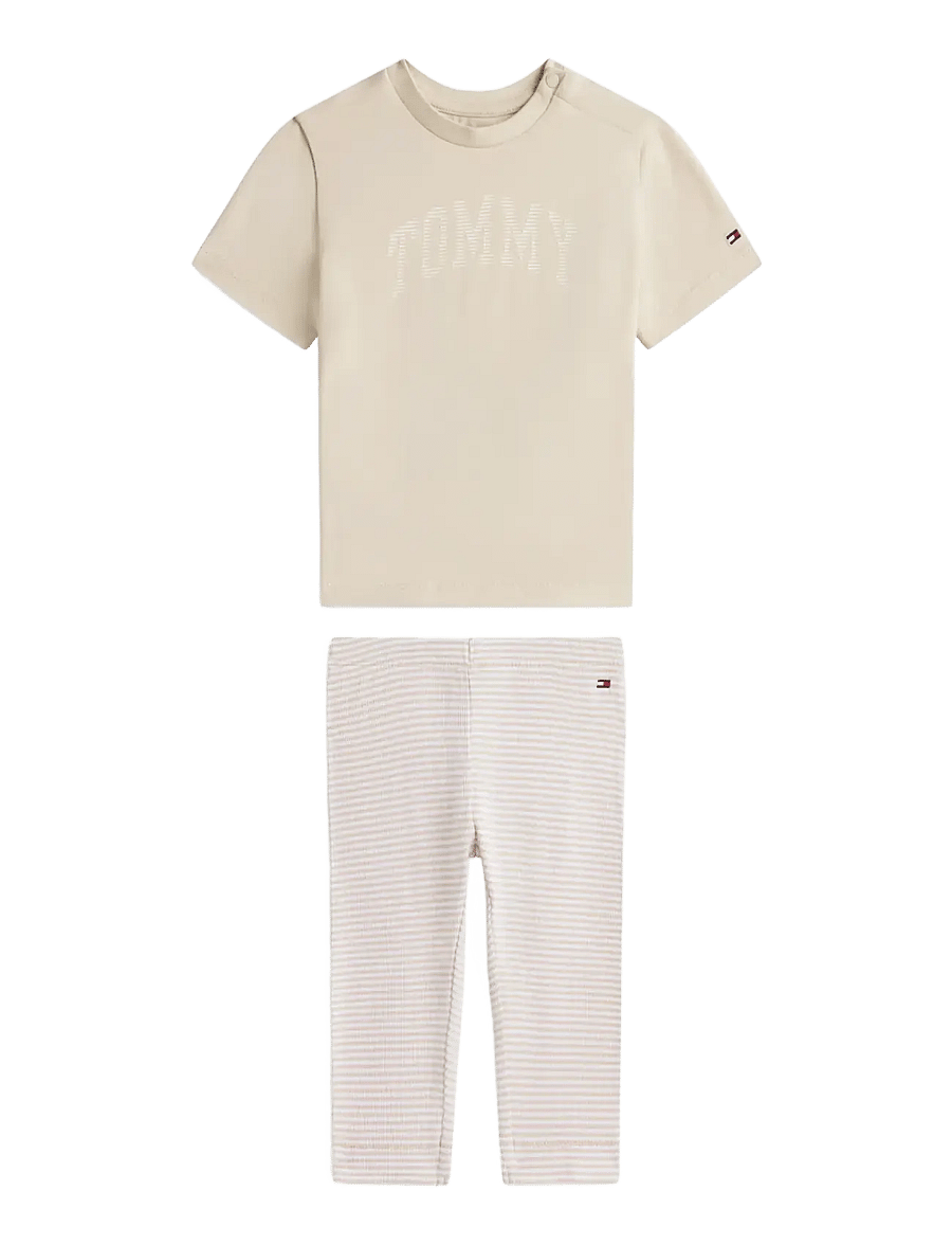 Tommy Hilfiger - TEE + RIB LEGGINGS SET - sets mit kurzärmeligem t-shirt - classic beige stripes - 0