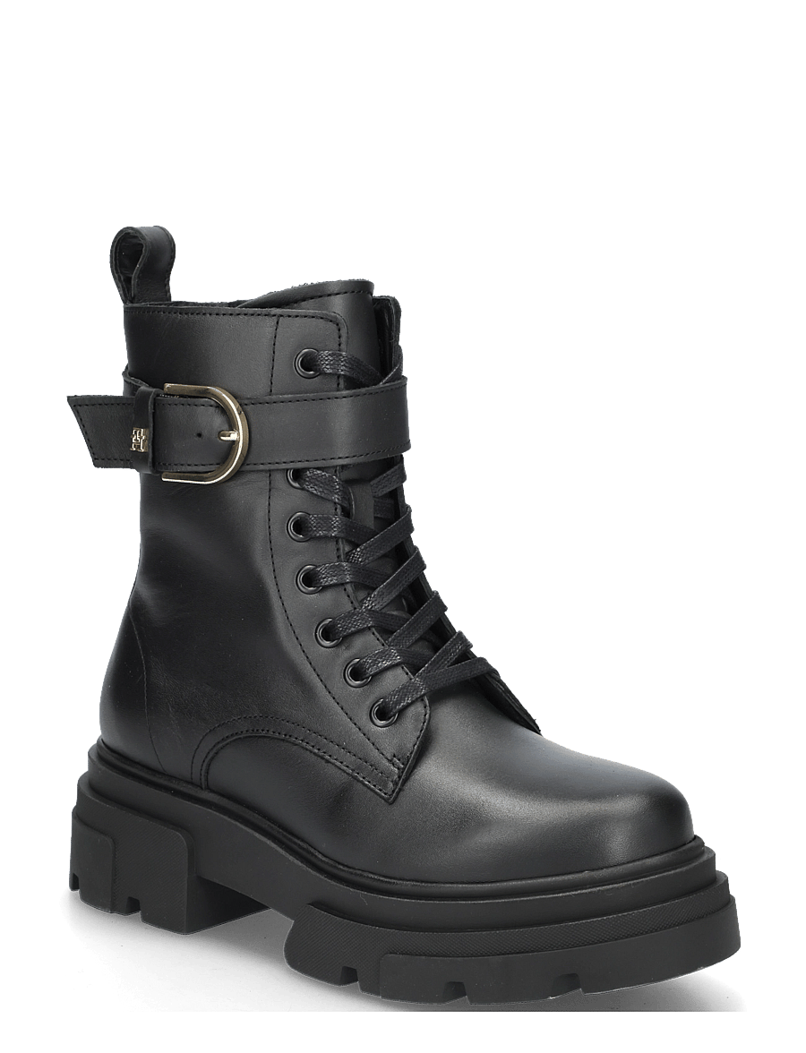 Tommy Hilfiger - LEATHER TH BUCKLED LACE-UP BOOT - kängor - black - 0