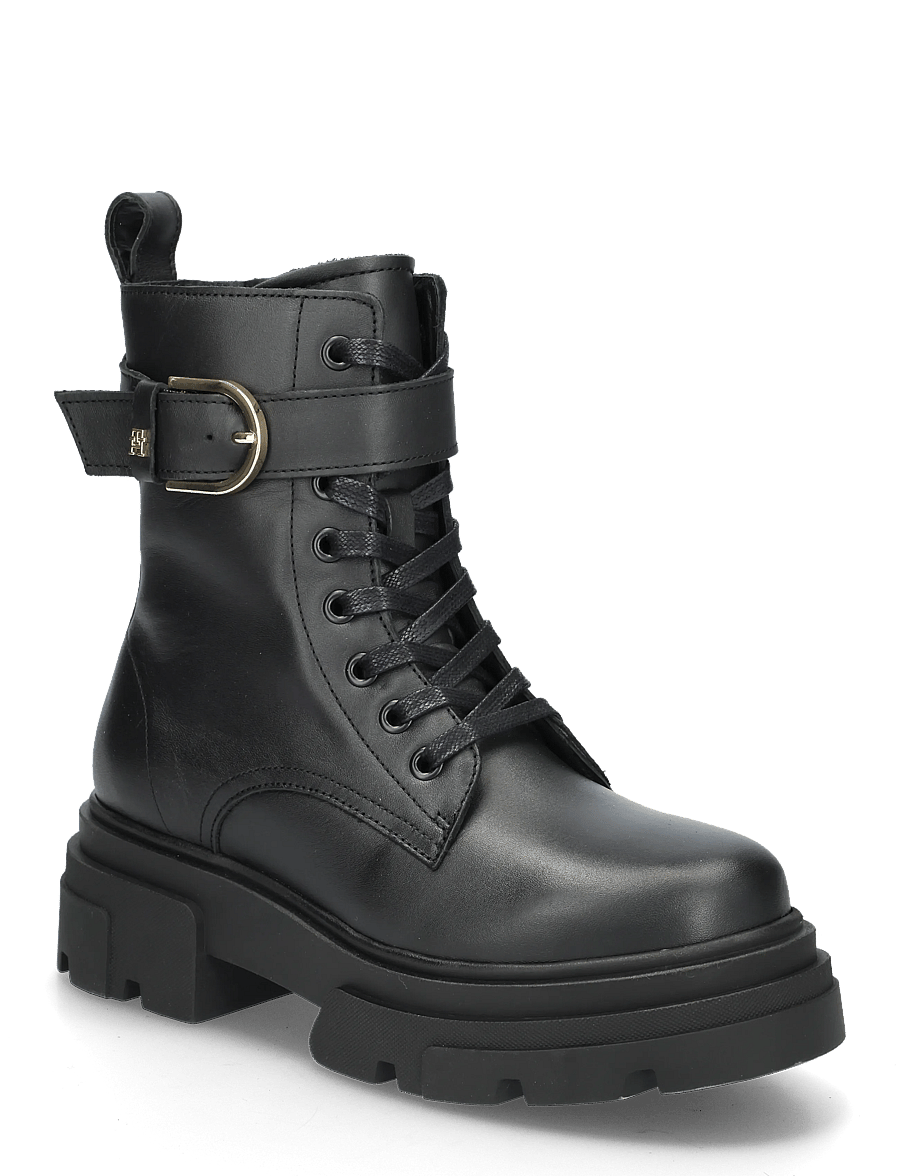 Tommy Hilfiger - LEATHER TH BUCKLED LACE-UP BOOT - snørestøvler - black - 0