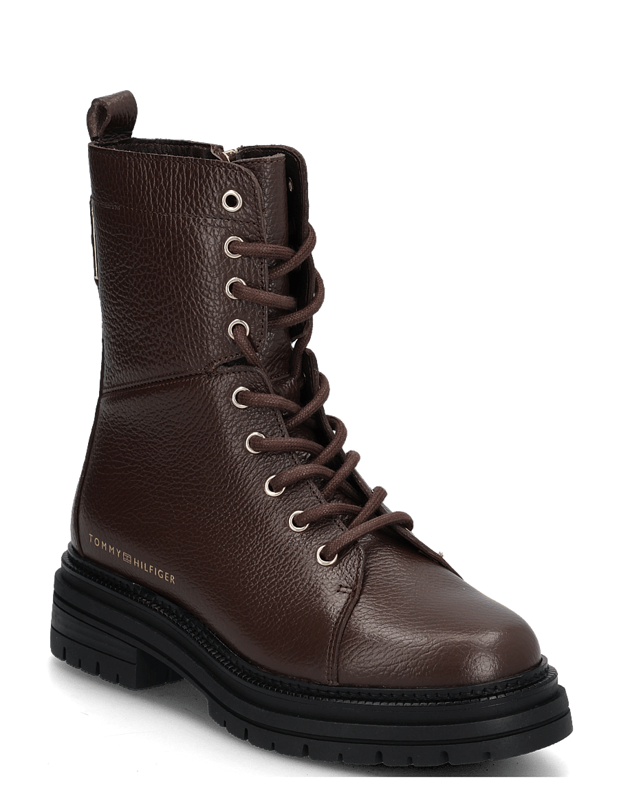 Tommy Hilfiger - TH EMBOSS GRAIN LEATHER BOOT - flade ankelstøvler - cocoa - 0