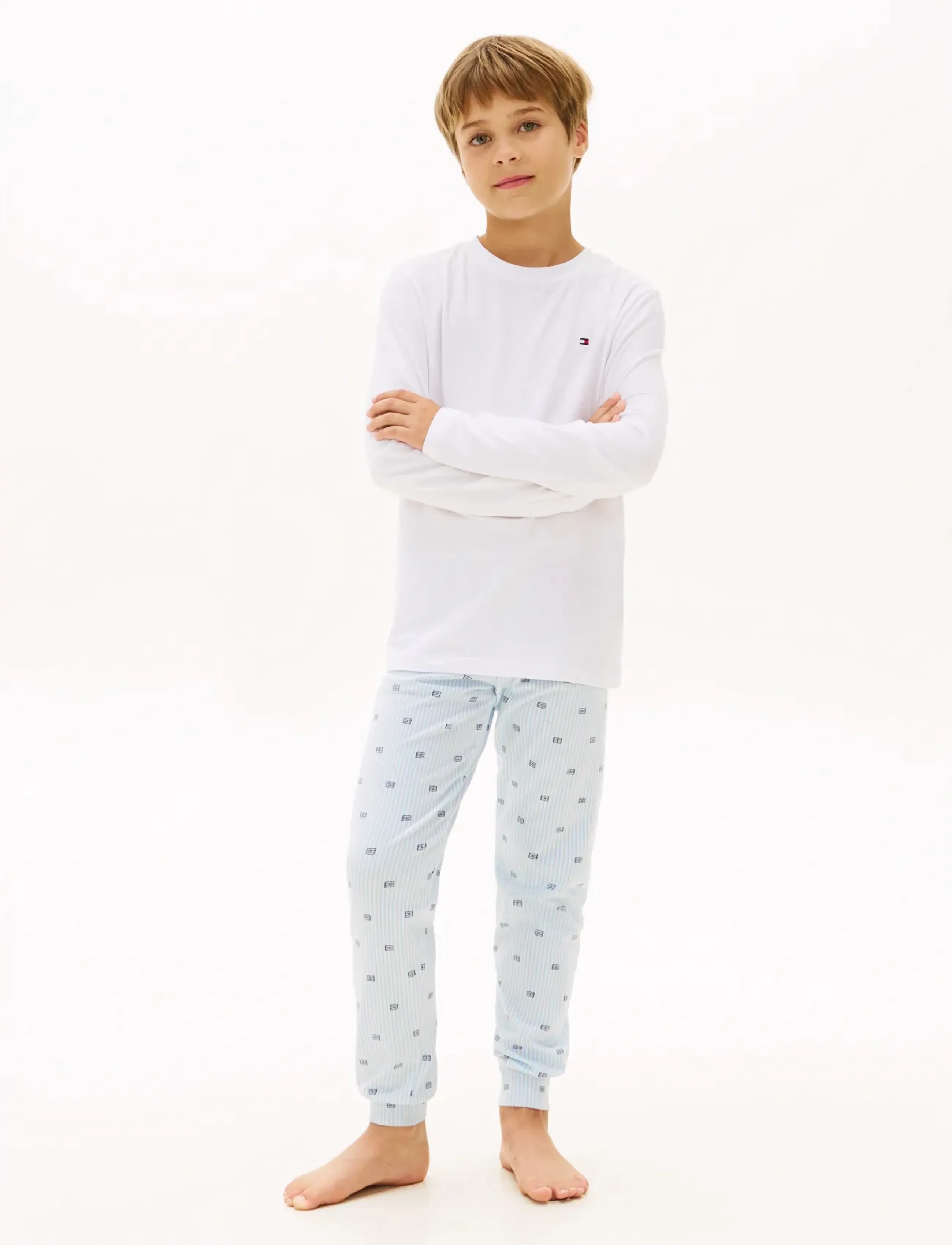 Tommy Hilfiger Ls Cuffed Pj Set, 128-140, White, Pyjamas > Pyjamas-Sæt, Børn