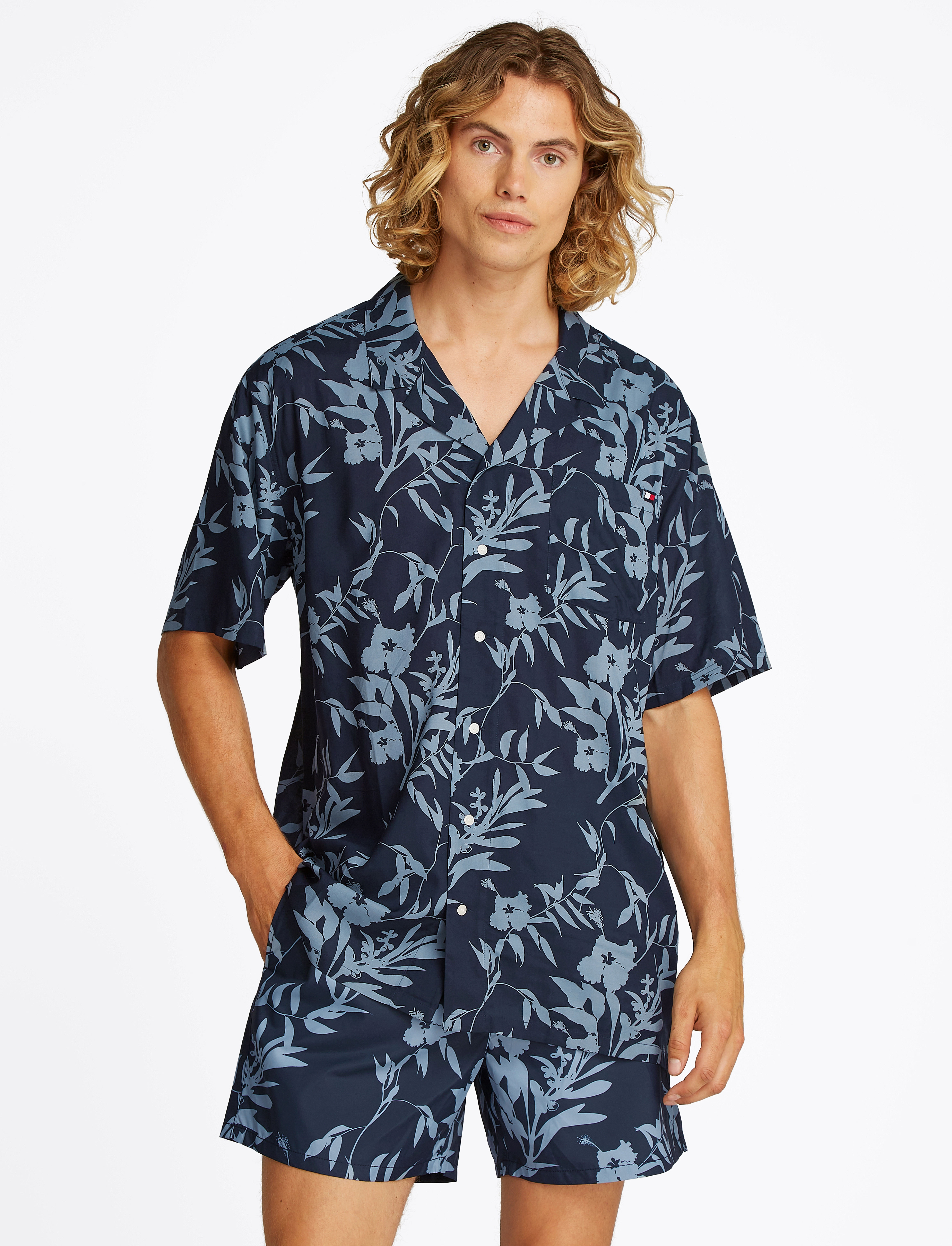 Tommy Hilfiger Bowling Shirt Print, M, Navy, Skjorter > Kortærmede, Herre