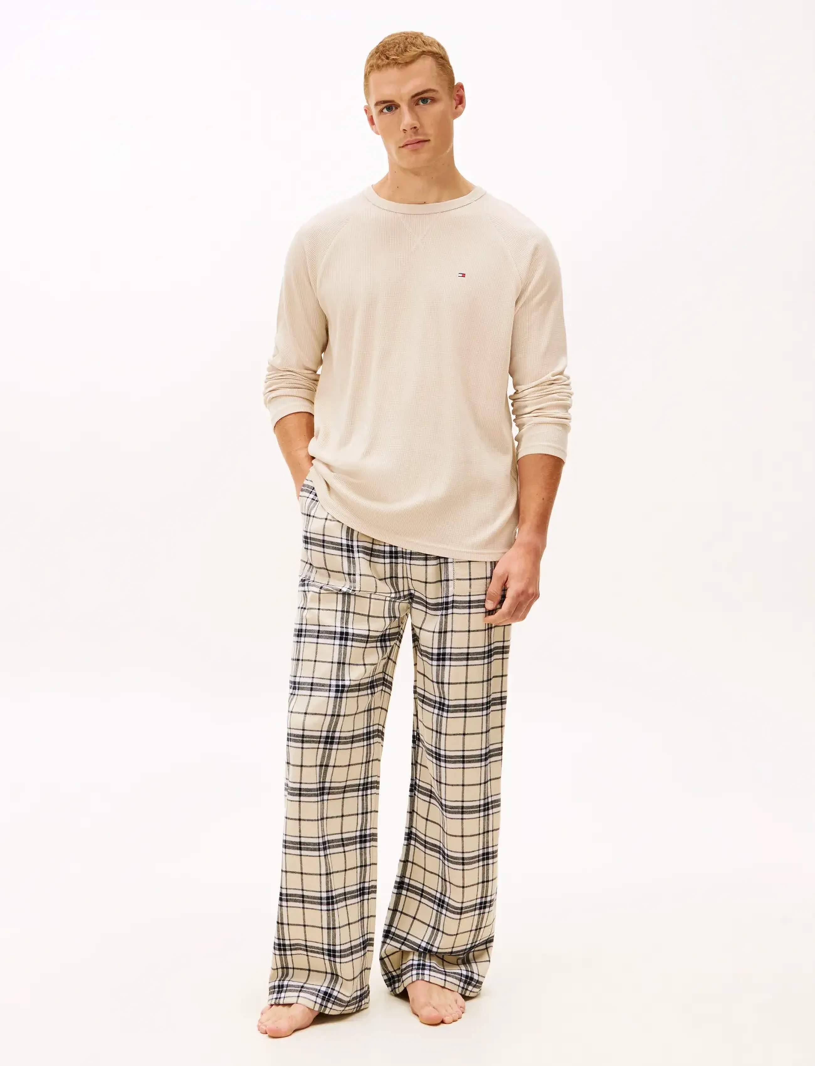Tommy Hilfiger Wb Ls Waffle & Pj Set Boxed, L, T-shirts, Beige - Long-sleeved, Männerswear