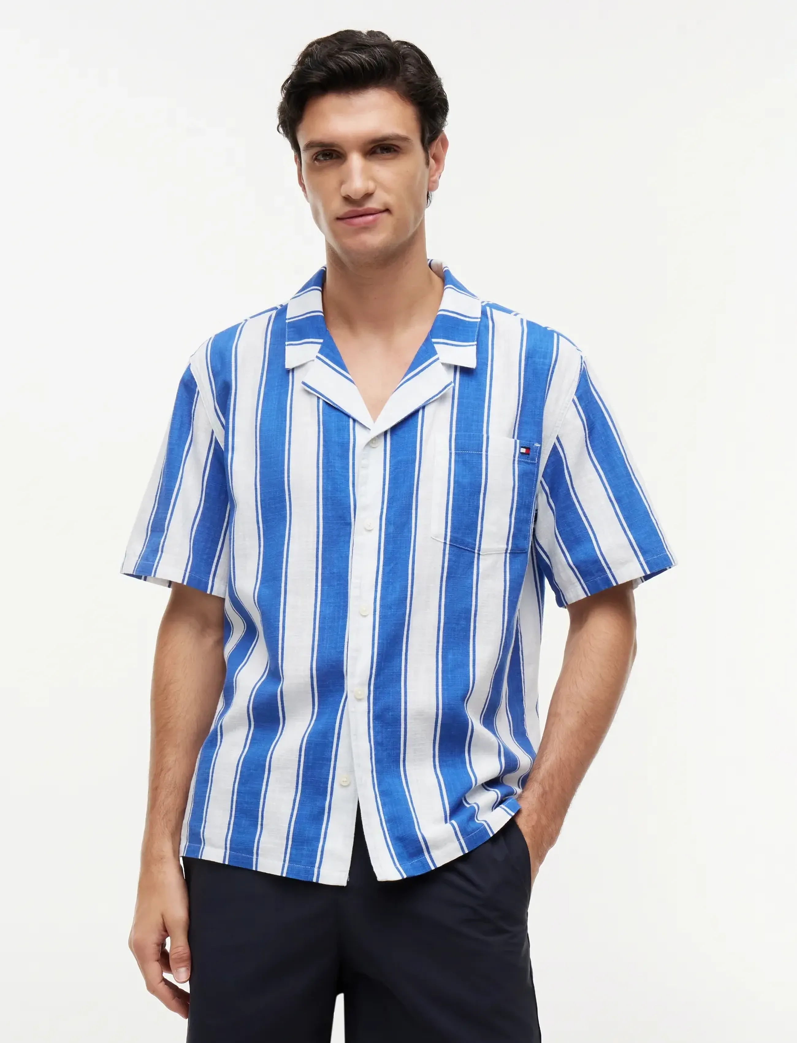 Tommy Hilfiger Woven Bowling Shirt Print, L, Blue, Skjorter > Kortærmede Shirts, Herre