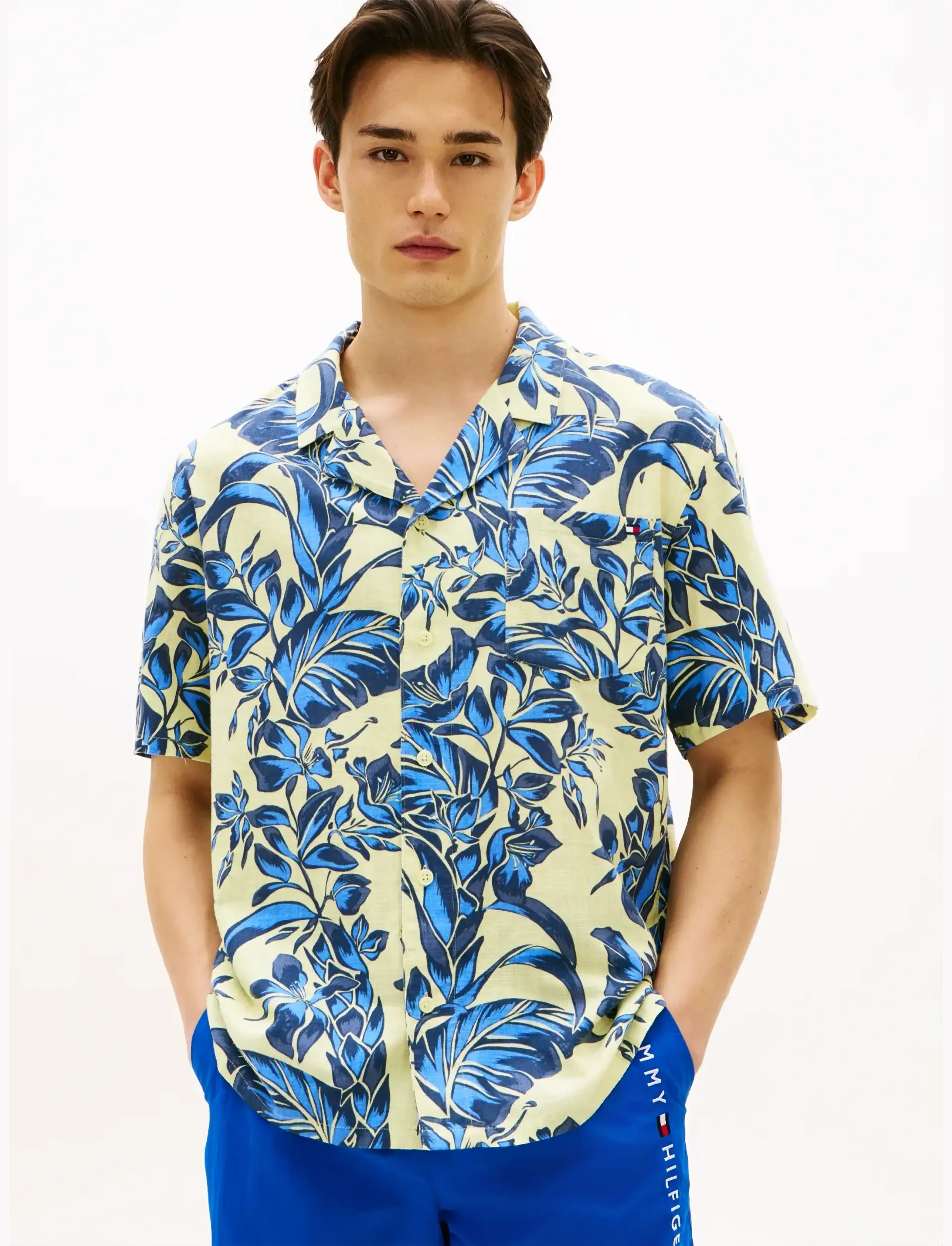 Tommy Hilfiger Woven Bowling Shirt Print, S, Blue, Skjorter > Kortærmede Shirts, Herre