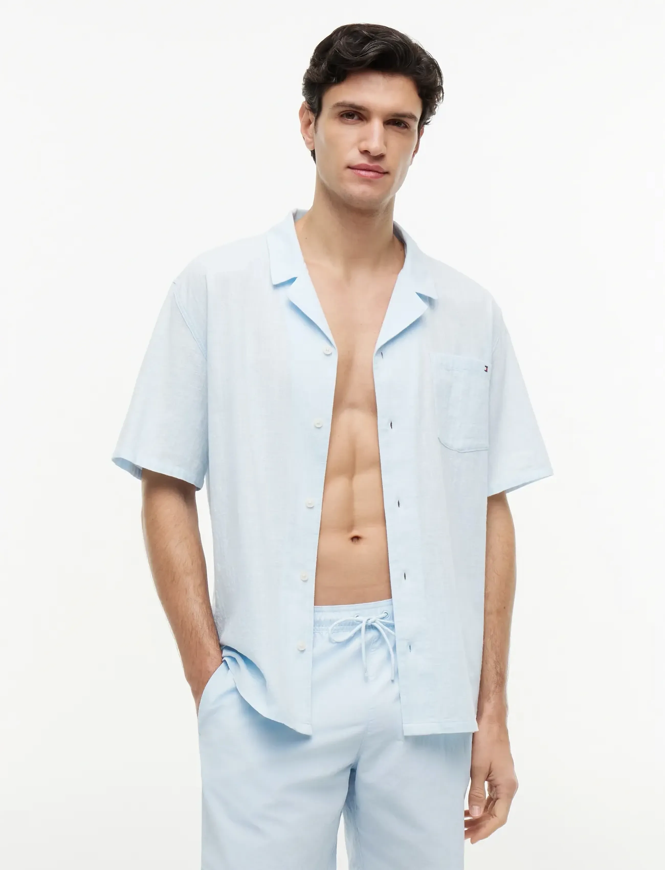 Tommy Hilfiger Woven Bowling Shirt, M, Shirts, Blau - Short-sleeved Männerswear