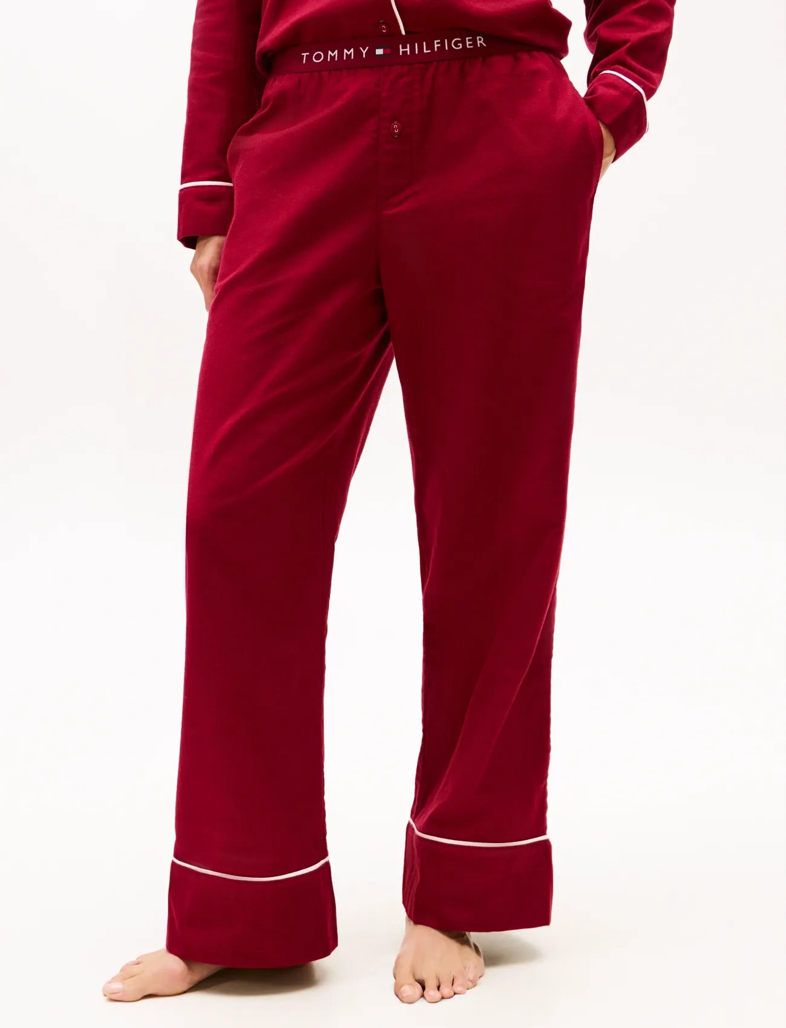 Tommy Hilfiger Solid Flannel Pants, Kvinder, Piped Flanell Pyjamasbukser, Rød, Str: S