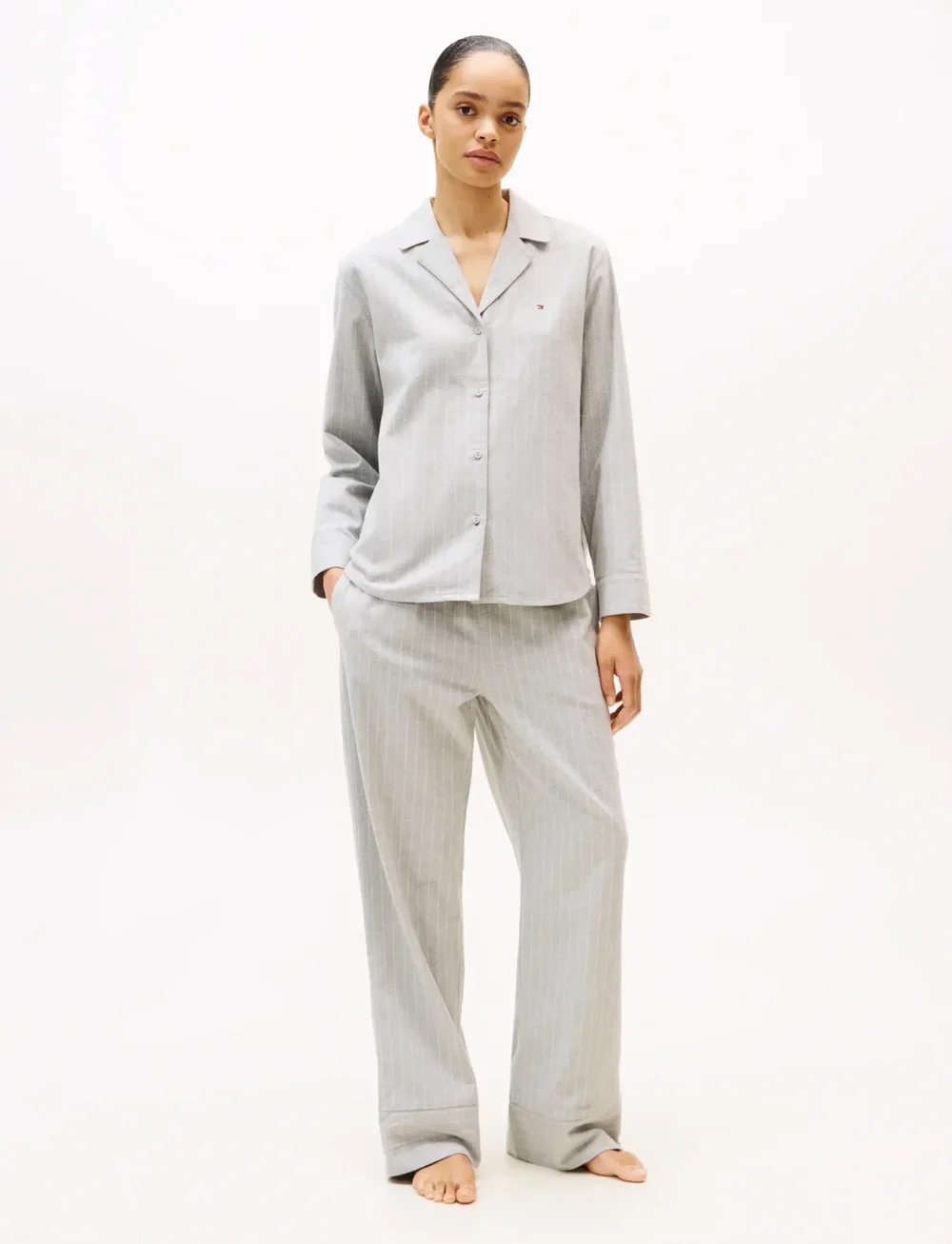 Tommy Hilfiger - LS STRIPE FLNL SHIRT PJ SET - pyjamas - thin stripe light grey - 0