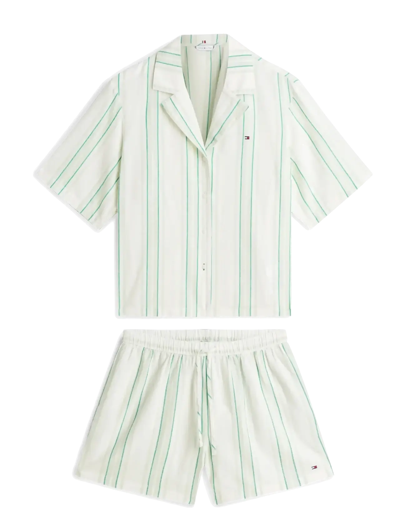 Tommy Hilfiger SS SHIRT LINEN PJ SHORTS SET - Underkläder - TENNIS COURT STRIPE GREEN / cream