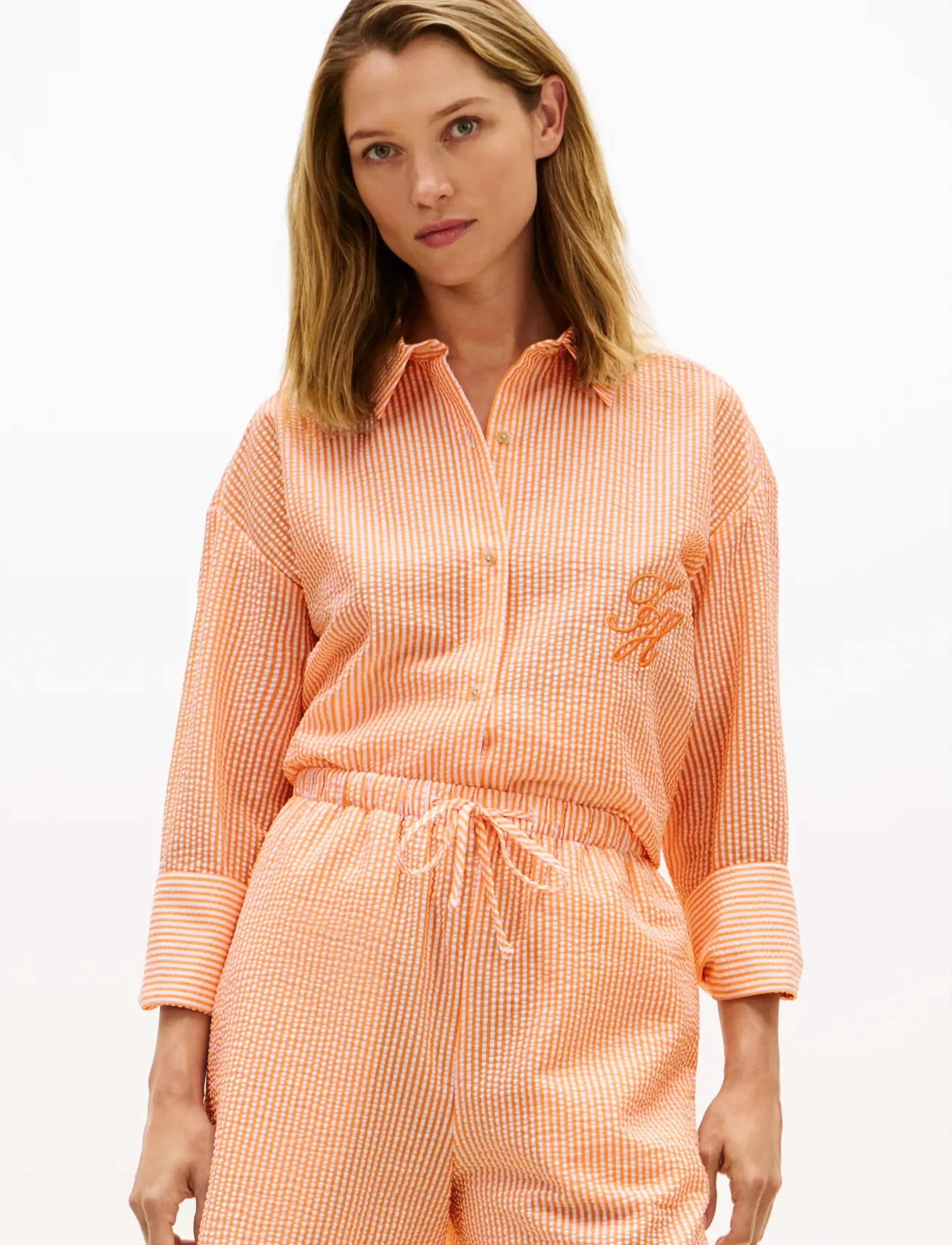 Tommy Hilfiger SEERSUCKER LONG SHIRT - Skjorter - ITHACA STRIPE ORANGE HYPE  WHITE / orange