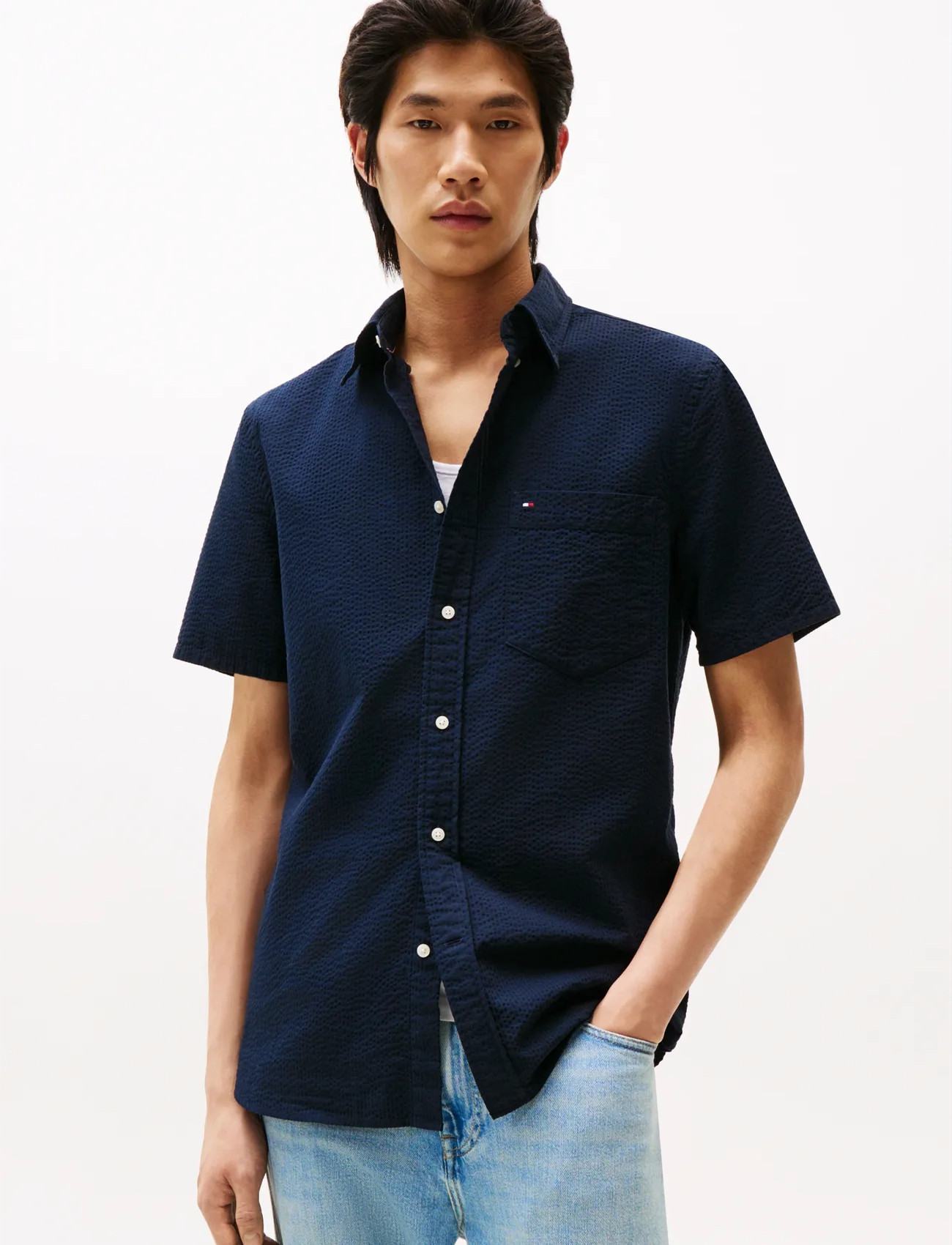 Tommy Hilfiger Seersucker Solid Ss Rf  Shirt - Navy - S 2