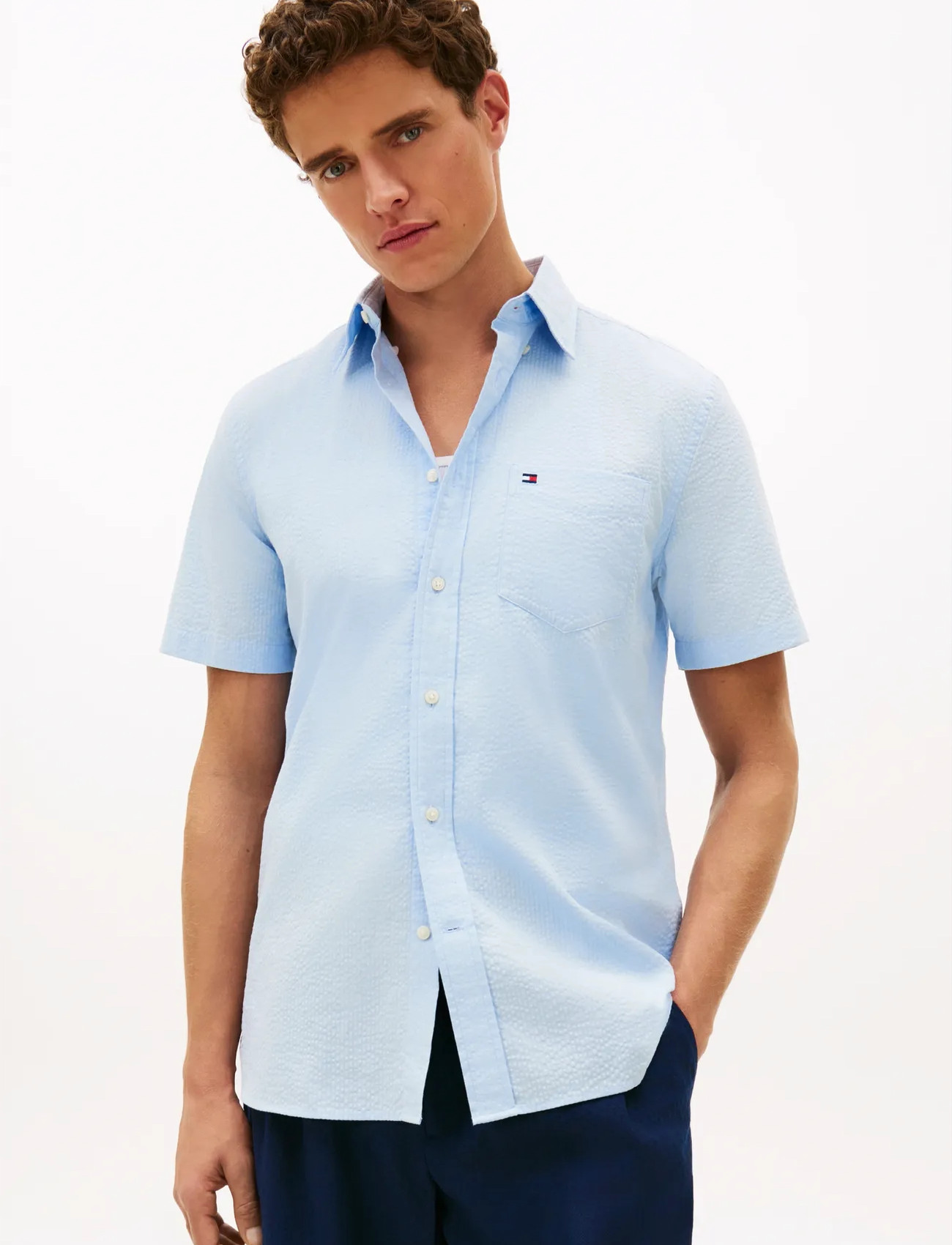 Tommy Hilfiger Seersucker Solid Ss Rf  Shirt - Navy - S 1