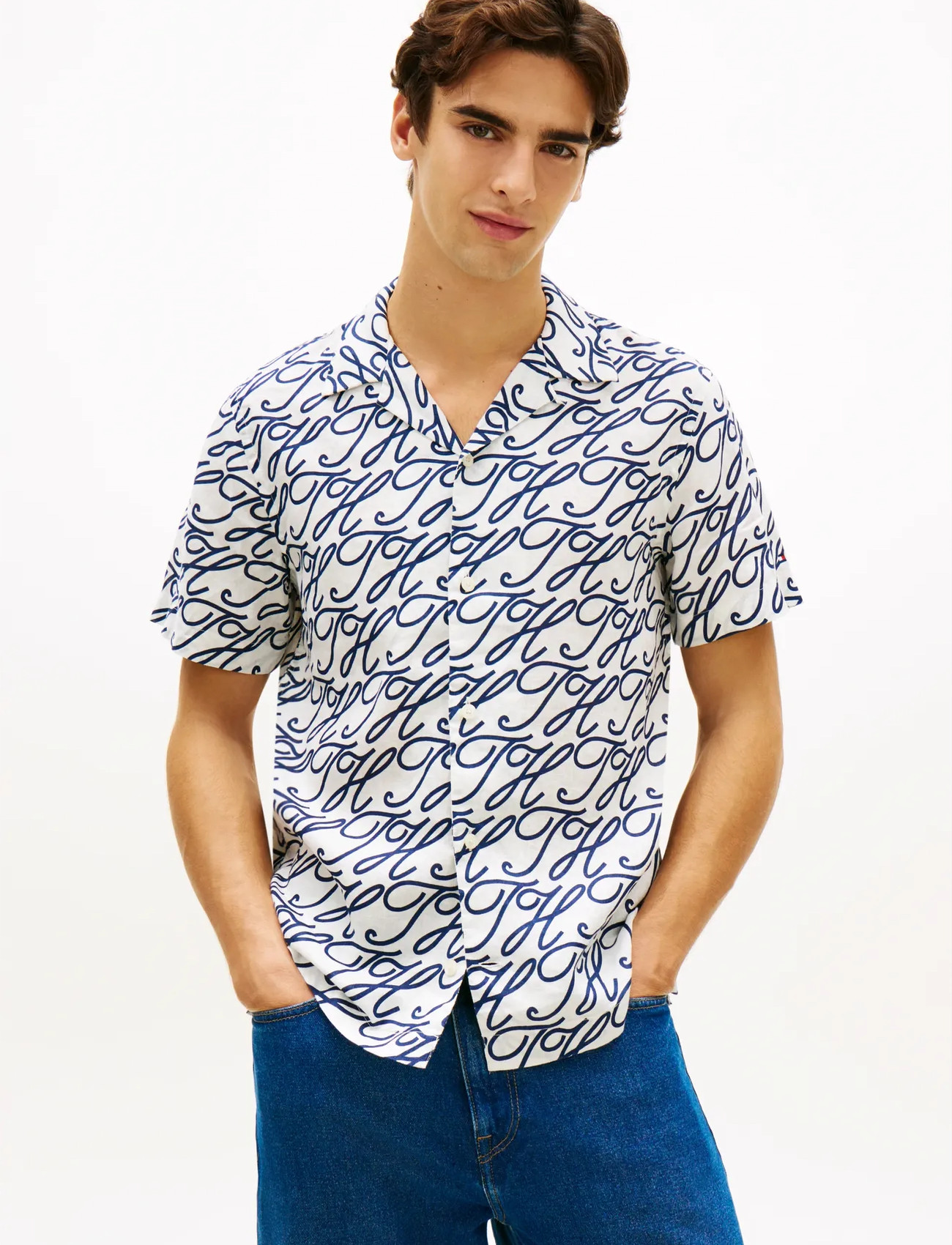 Tommy Hilfiger Linen Camp Collar Sslv Swimshop - Navy - M 2
